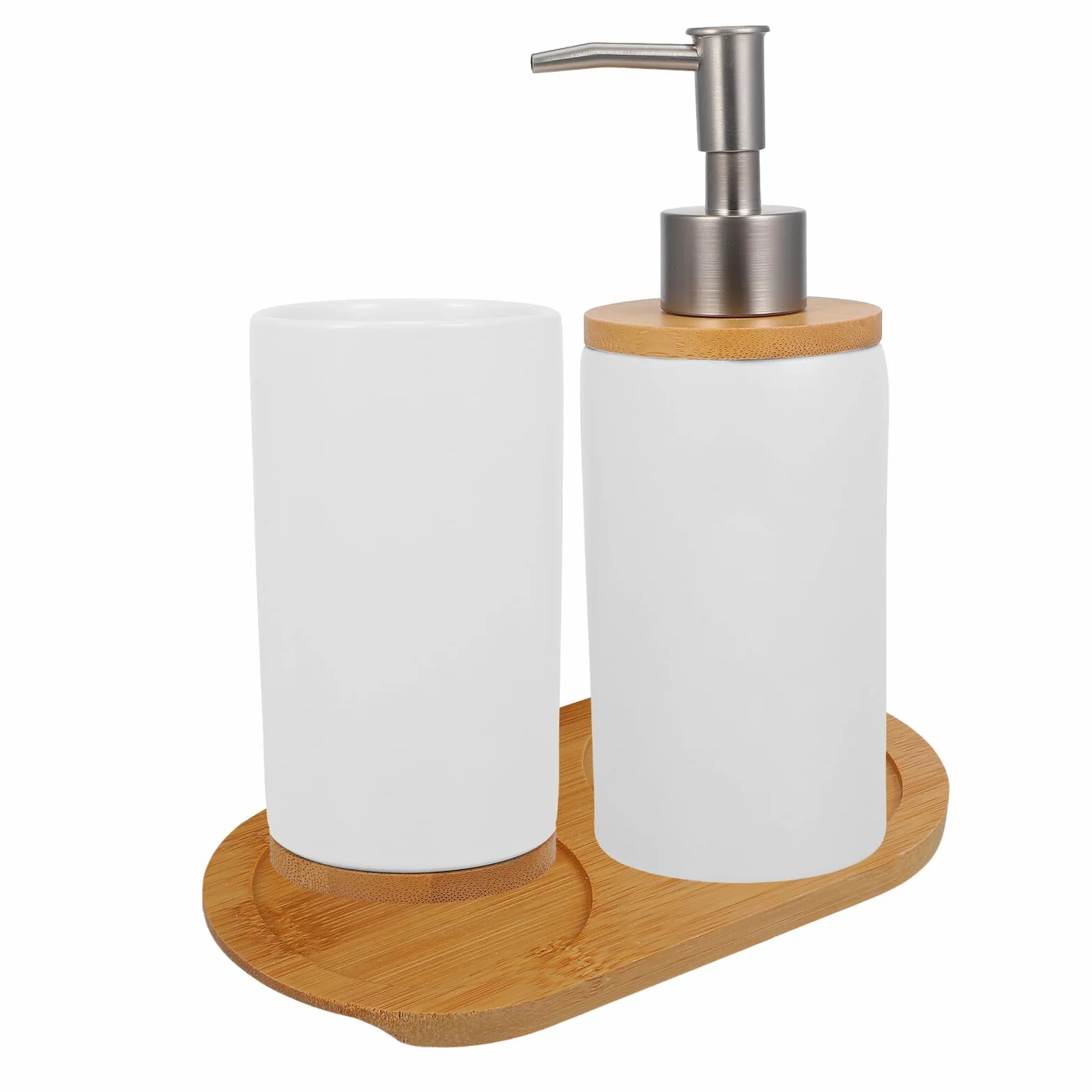 Veemoon Juego de Accesorios de Baño de Cerámica Incluye Vaso para Cepillo de Dientes 350Ml Dispensador de Loción 430Ml y Base Diseño Minimalista para Baño y Aseo Diario