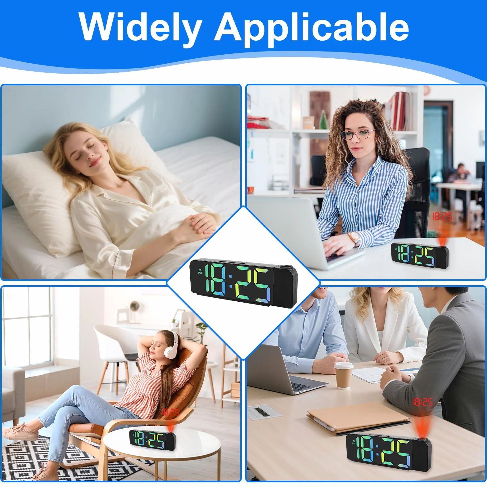 Reloj Despertador de Proyección Digital, 180° Pantalla LCD Grande con Proyector, Temperatura, 3 Niveles de Brillo, Modo nocturno, 19.5cm Alimentación por USB, 12/24 h, para Niños, Ancianos(Noir)