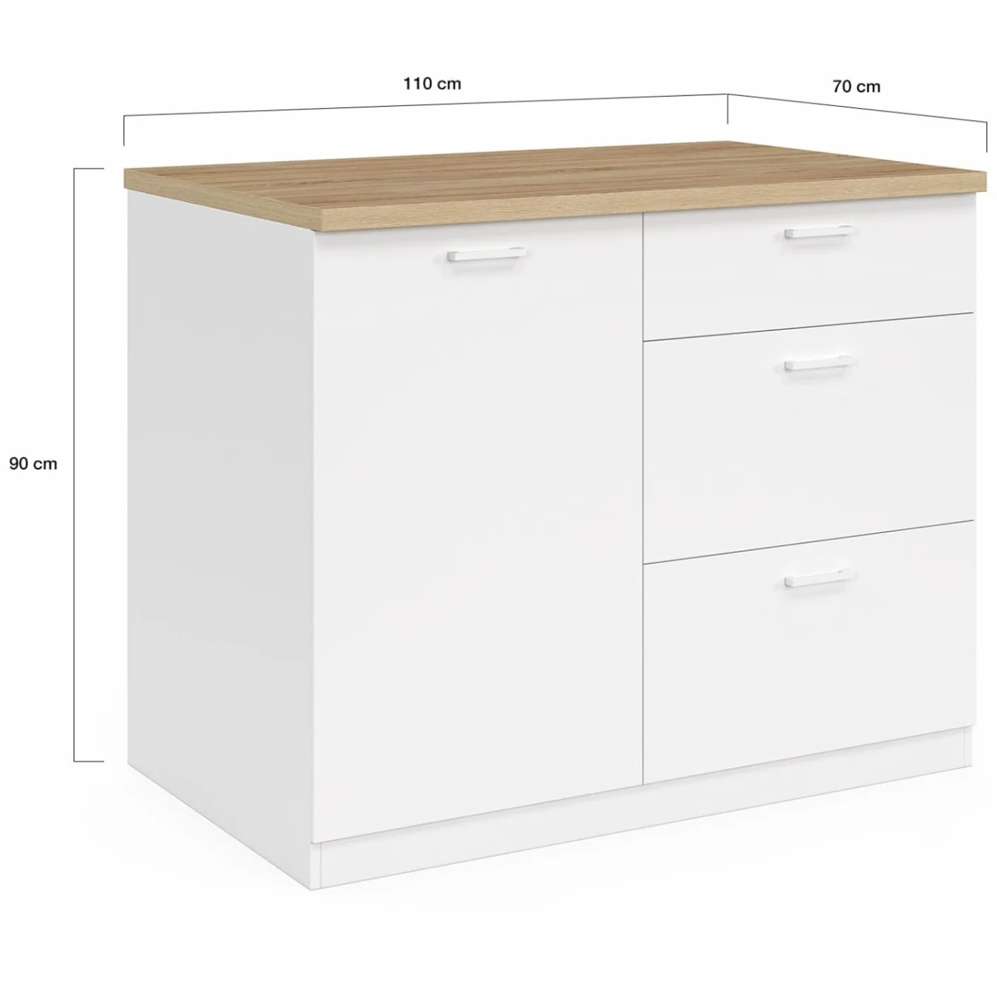 IDMarket - Isla central TIBO 110 cm de extensión frontal con 3 cajones de madera blanca con encimera de haya