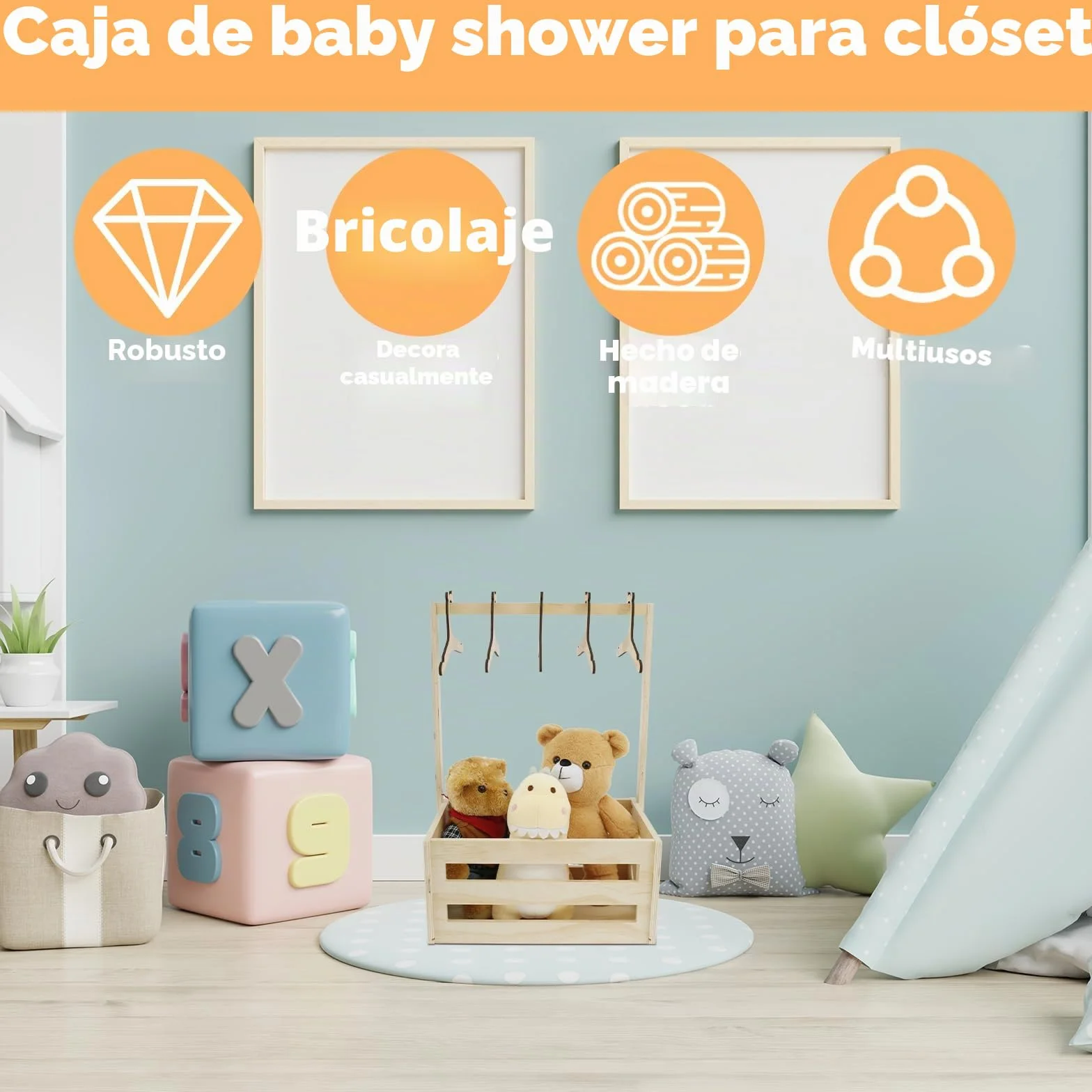 Caja de madera para baby shower, armario con asa, almacenamiento para bebé, cesta decorativa multiusos