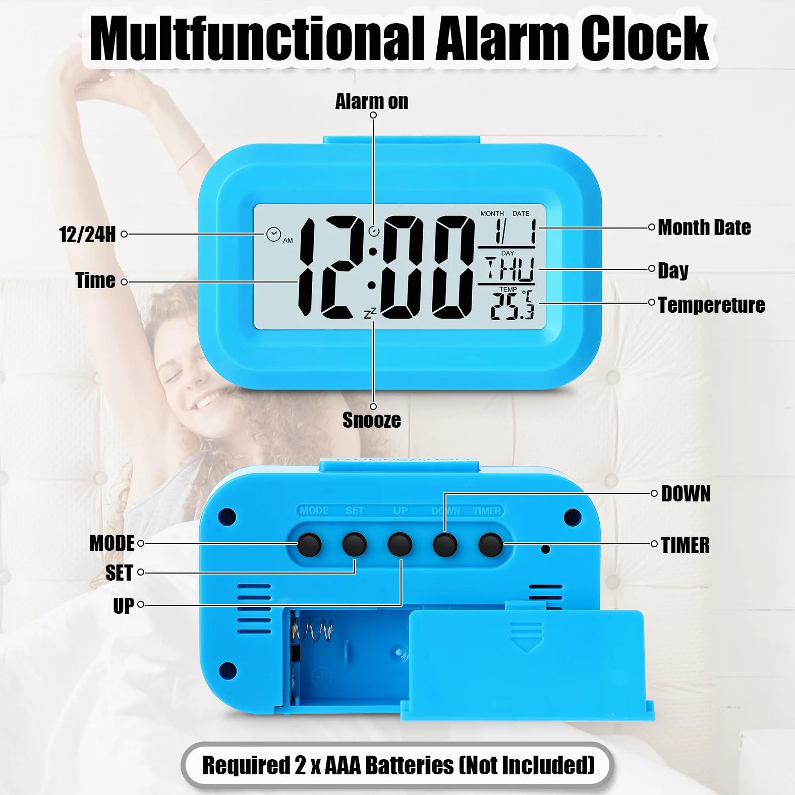 Highergo Paquete de 3 relojes despertadores digitales con pantalla LCD grande, funcionamiento simple, luz de fondo de repetición, hora, fecha, mes, reloj multifunción de temperatura para dormitorios,