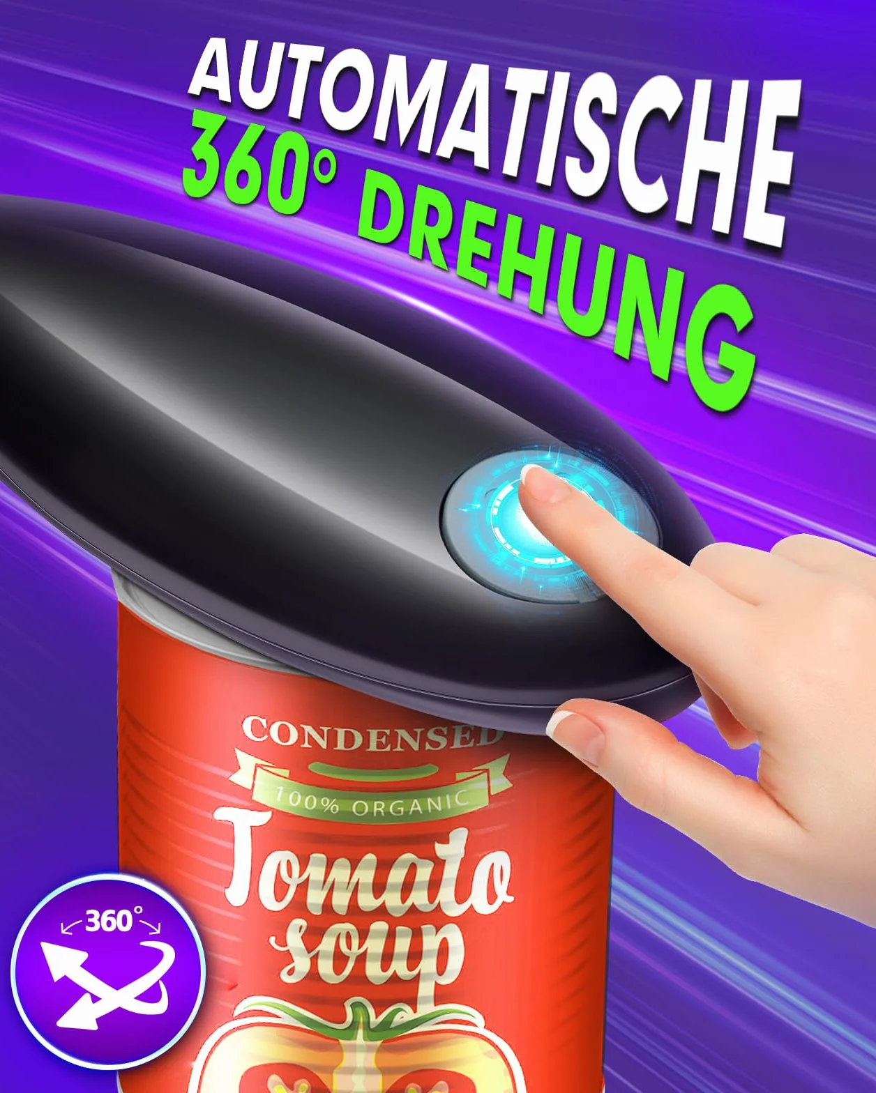 Abrelatas Eléctrico, sin Bordes Afilados al Abrir, Abrelatas Eléctrico One Touch para Personas Mayores, Giro 360° y Parada Automática, Abrelatas con Corte Lateral e Imán (Negro)