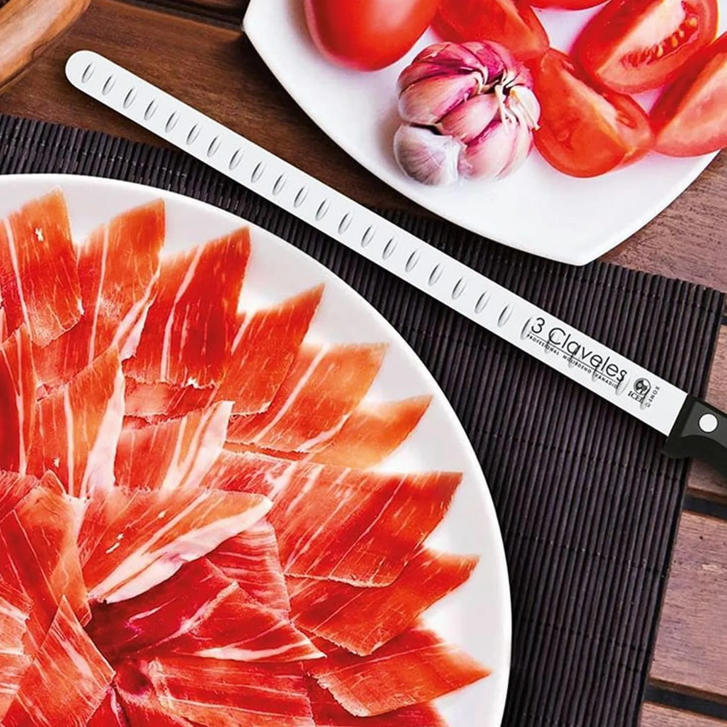 PracticFood Juego de Cuchillos Profesionales Selección Super Chef, Jamonero Alveolado 29 cm con Accesorios (3C PREMIUM II)