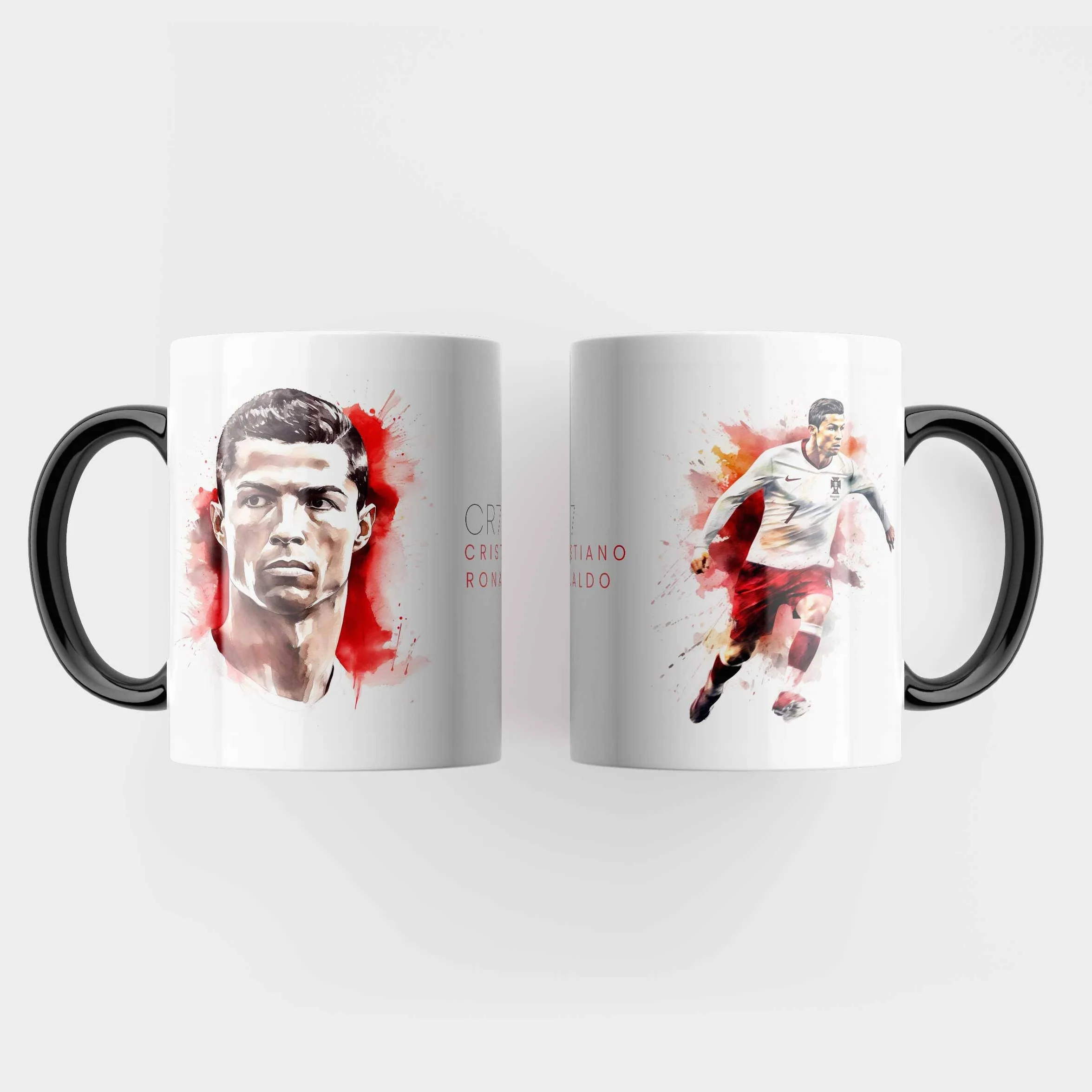Taza de acuarela Cristiano Ronaldo blanco y negro