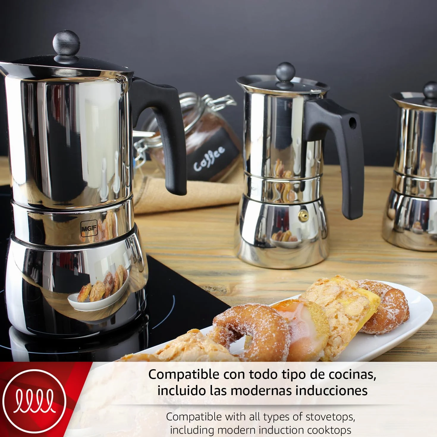 MAGEFESA Genova - Cafetera Italiana de 10 Tazas, 500ml, Acero Inoxidable 18/10, Mango Ergonómico, Ahorro de Energía, Todo Tipo de Cocinas, Inducción