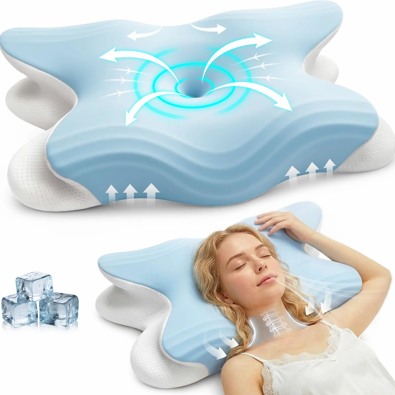 Almohadas Cervicales para Dormir, Almohada Ortopédica de Memoria de Forma con Diseño Mariposa, Cojín Ergonómico para Dormir de Lado, Espalda y Boca Abajo, 62 x 42 x 10,5 cm, Azul