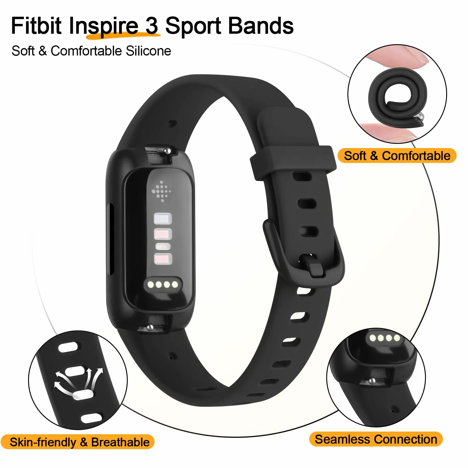Pulsera compatible con Fitbit Inspire 3, silicona TPU, ajustable, negra