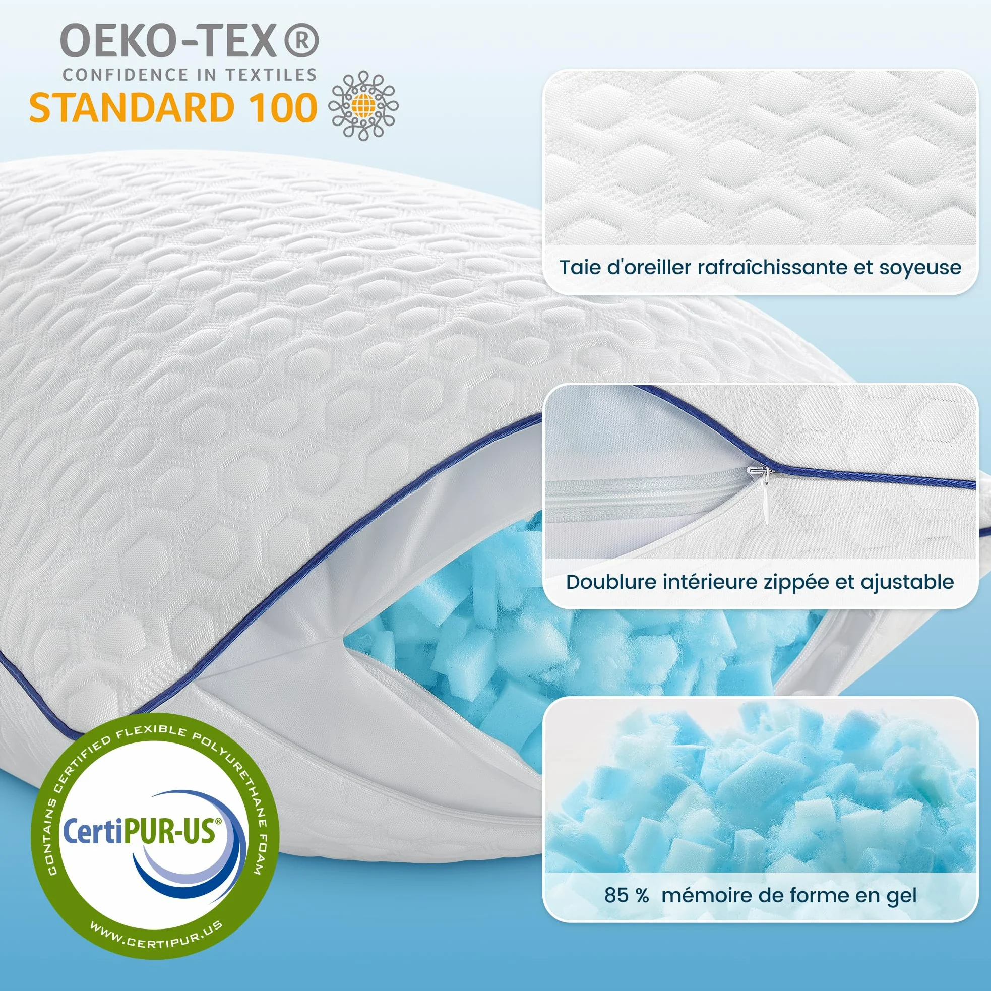 BedStory - Juego de 2 almohadas de memoria (50 x 70 cm), diseño de cereales ergonómicos, con infusión de gel refrescante, funda lavable de seda helada, altura personalizable, hipoalergénica
