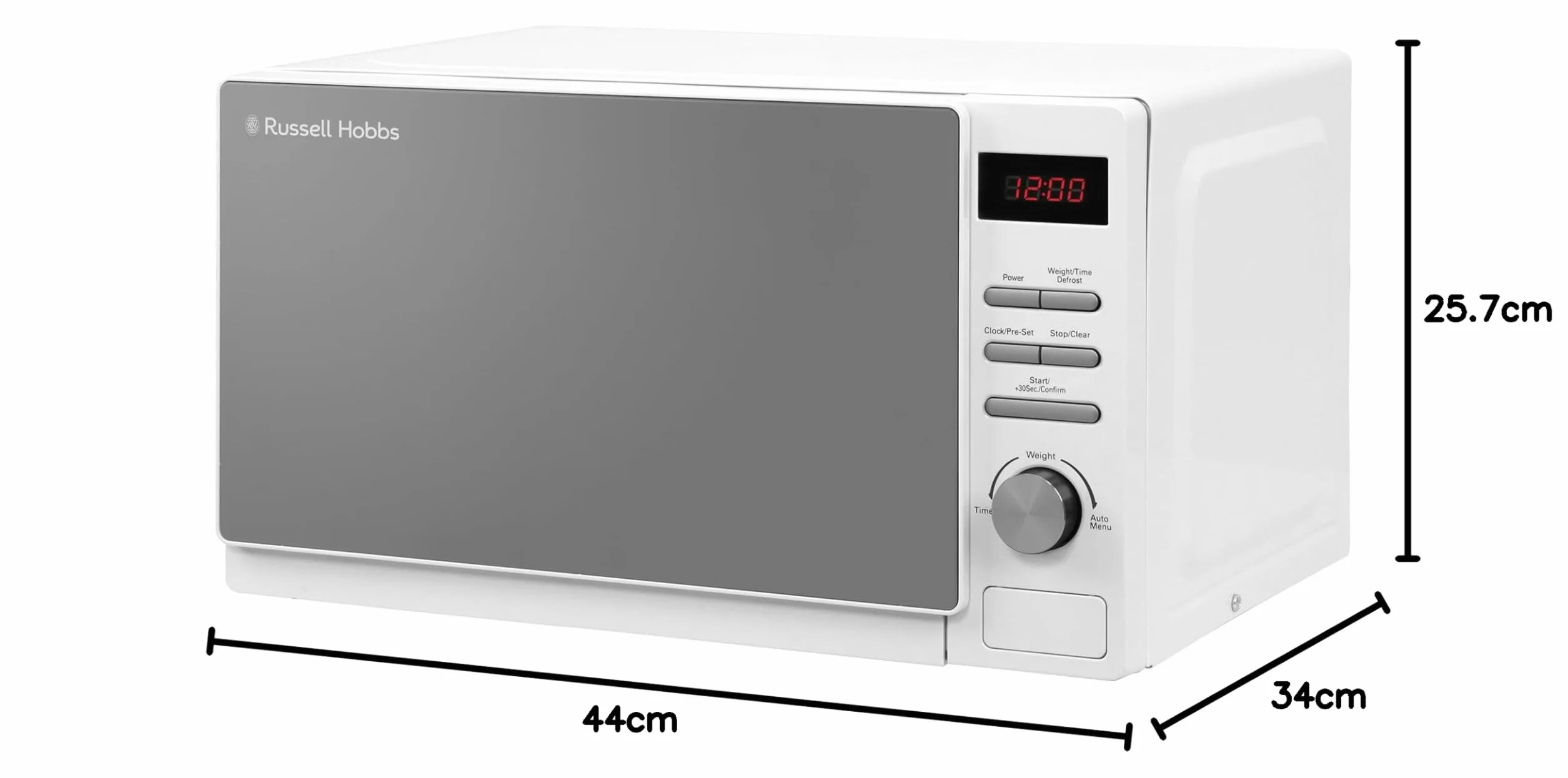 Russell Hobbs RHM2079A - Microondas digital básico, 20 l y 800 W, 5 niveles de potencia, descongelación automática, 8 menús de cocinado automático, reloj y temporizador, fácil de limpiar, blanco
