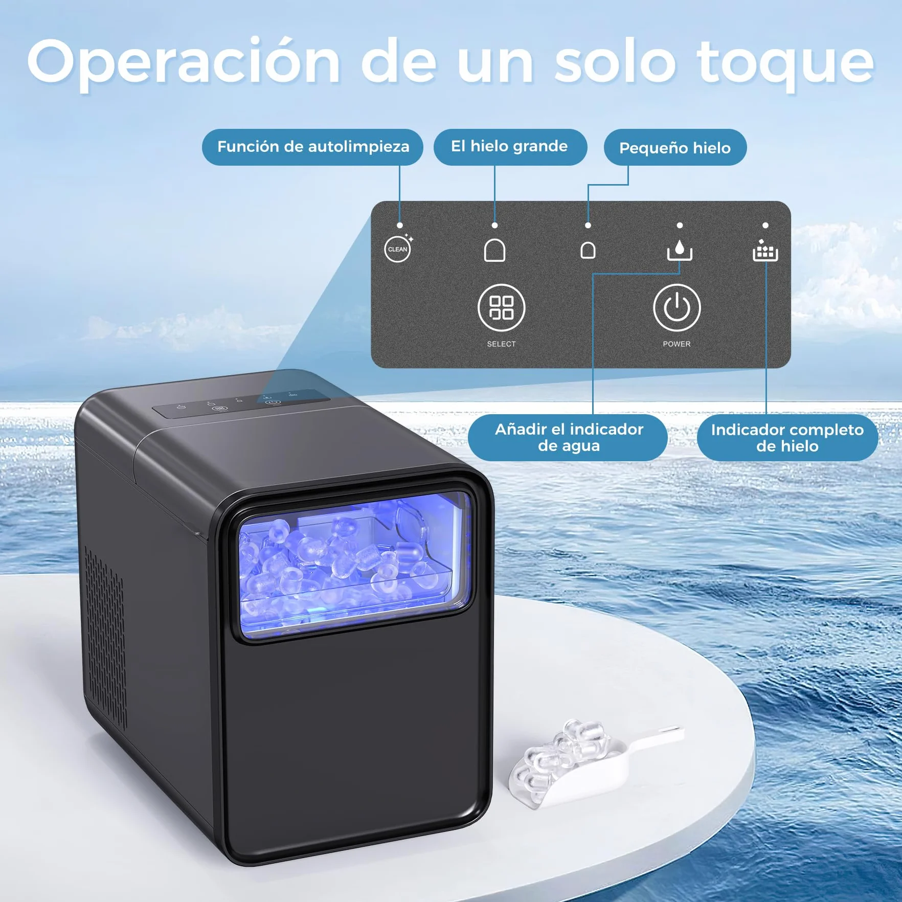 QEXREED Máquina de Hielo, Maquina de Hacer Hielo 12 kg/24h, 9 Cubitos de Hielo en 6 Minutos, Maquina de Hielo para Casa Autolimpiadora, Hielo de 2 Tamaños