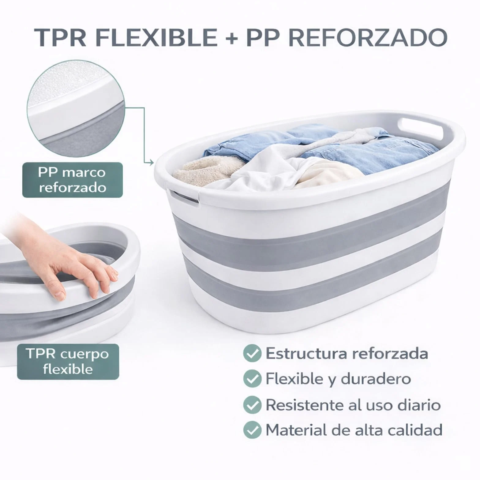 ForenTex Cesta Ropa Sucia Plegable 36L con 2 Bolsas de Lavado, Barreño para Colada, Cesto de Lavandería de TPR+PP Resistente, Ahorra Espacio para Baño, Lavandería y Dormitorio, Gris y Blanco