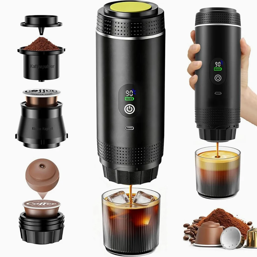 Cafetera Portátil 3 en 1, Mini Cafetera Portátil de Espresso y Capsulas, Autocalentamiento de 5 Minutos, Compatible con Cápsulas y Café Molido, Carga Rápida USB-C, para Acampadas, Senderismo