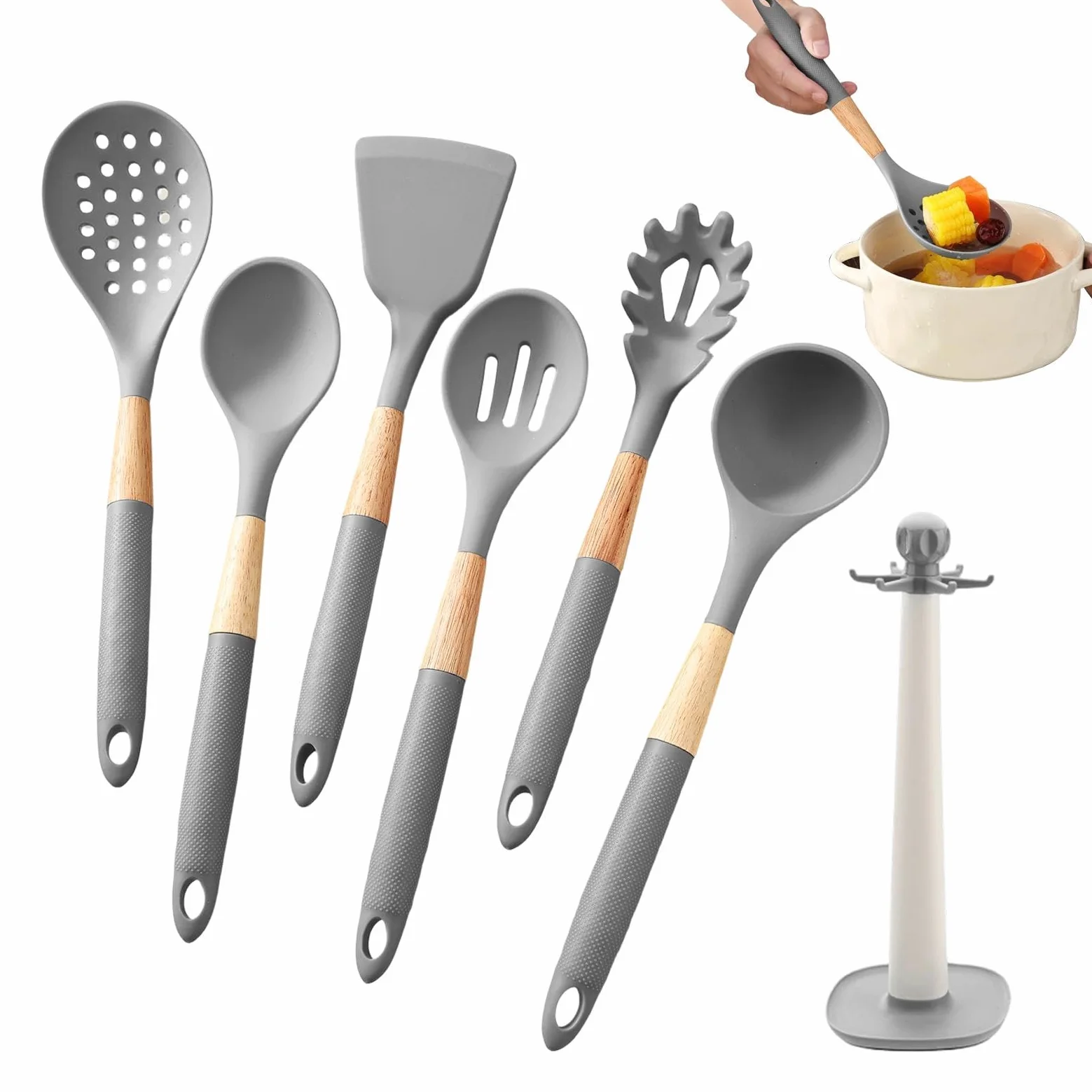 Juego de Utensilios de Silicone Juego de 7 Piezas Resistente al Calor | Cucharas de Cocina, Cucharón y Espátula Para Ollas, Sartenes, Raspar, Hornear, Mezclar, Preparar
