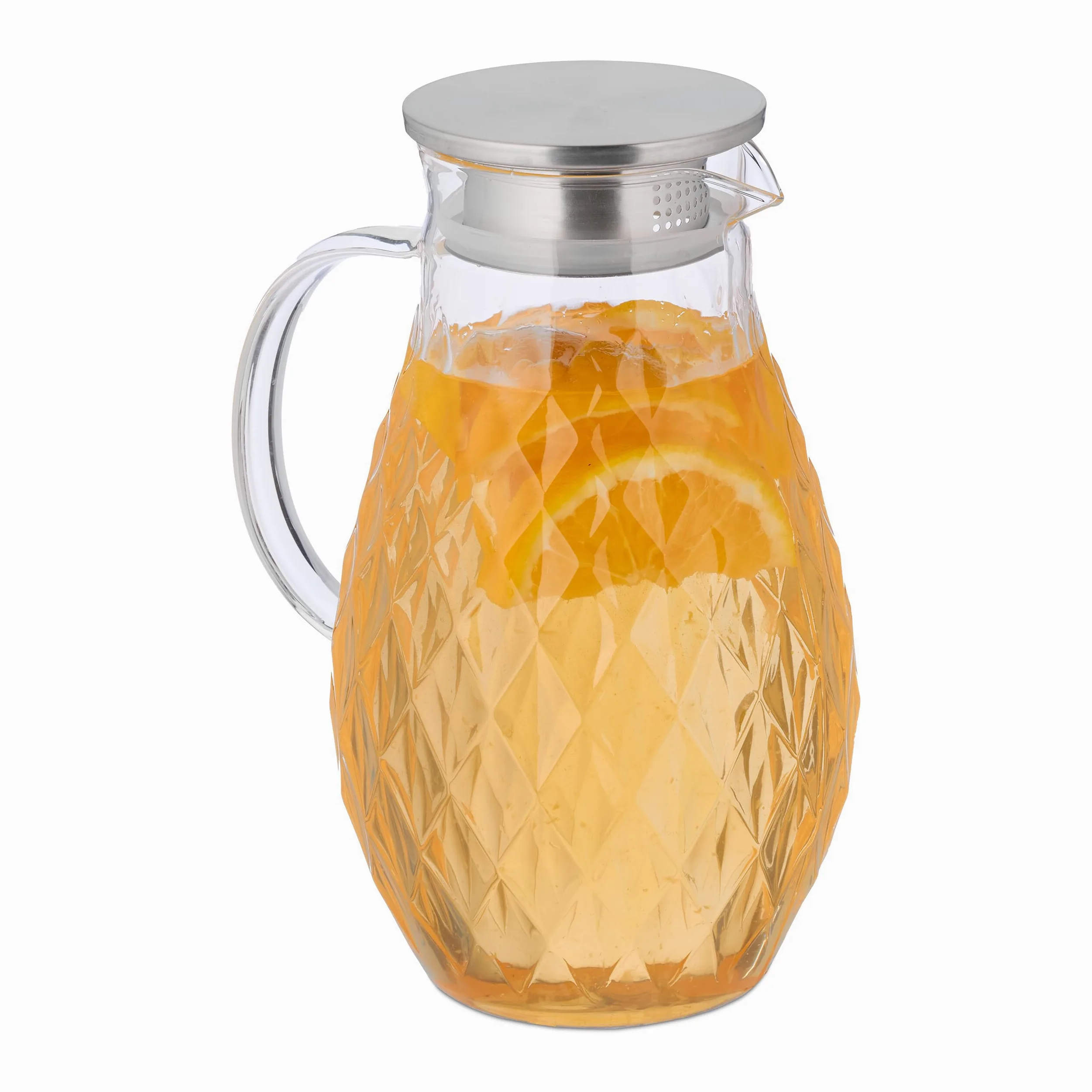 Relaxdays Jarra de Cristal, 2 litros, Garrafa Zumo con Tapa, para Servir Té Helado, Vidrio, Acero, Transparente/Plateado