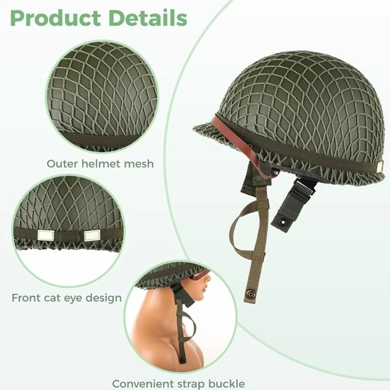 Casco de Trabajo Pesado Casco táctico del ejército de EE. UU. Réplica de Casco de Acero Verde M1 de la Segunda Guerra Mundial con Correa de Barbilla de Lona de Red