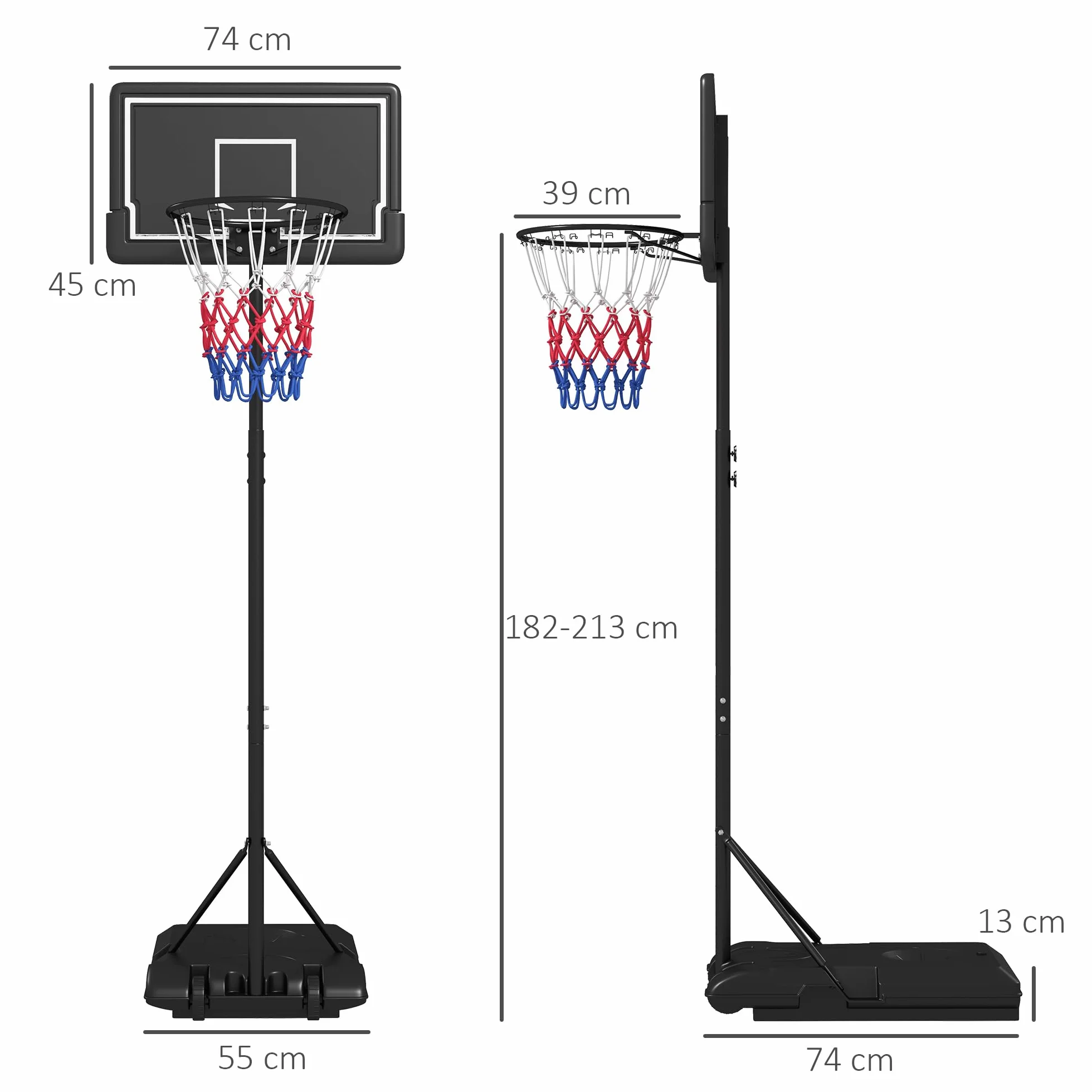 SPORTNOW Canasta de Baloncesto Ajustable 182-213 cm con Ruedas Tablero Irrompible Acero