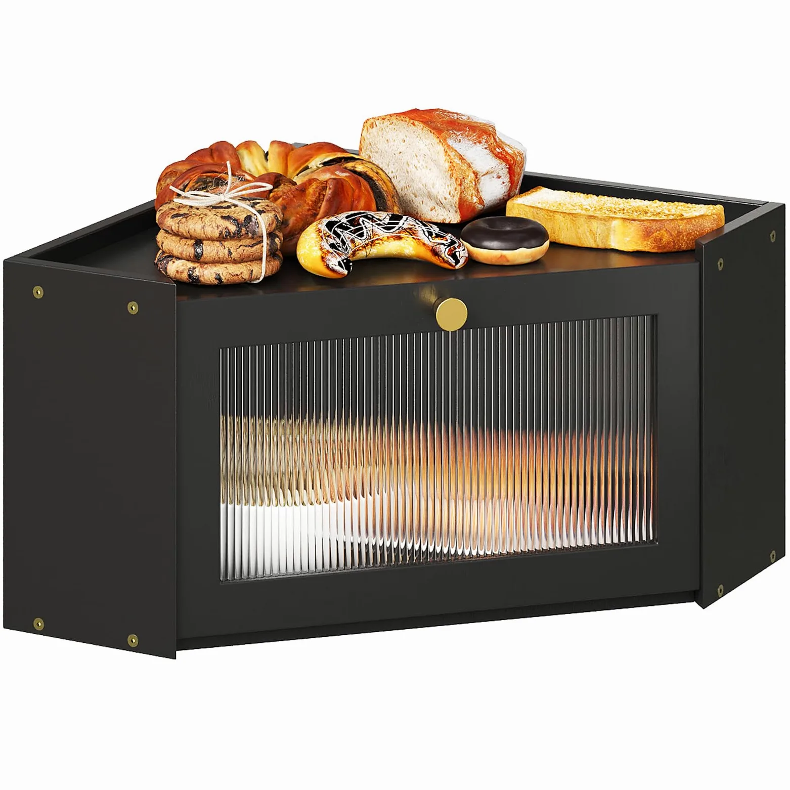 VEDECASA Panera de esquina para cocina de bambú con puerta acrílica transparente, cesta de pan negra para esquinas de cocina, gran fiambrera en diseño rústico, 32 x 32 x 20 cm