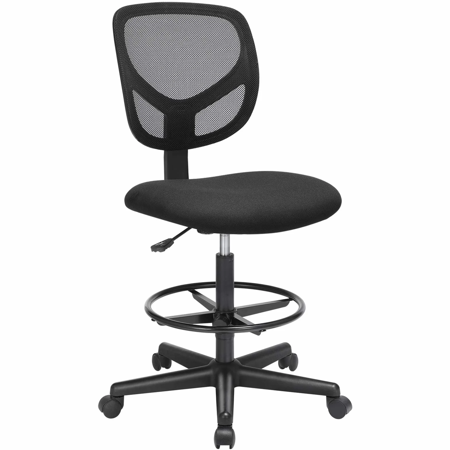 SONGMICS Silla de Malla Giratoria, Altura y Reposapiés Regulables, Silla de Dibujo Ergonómica, Silla de Oficina sin Reposabrazos, Asiento de Tela, Carga máxima de 120 kg, Negro OBN15BK