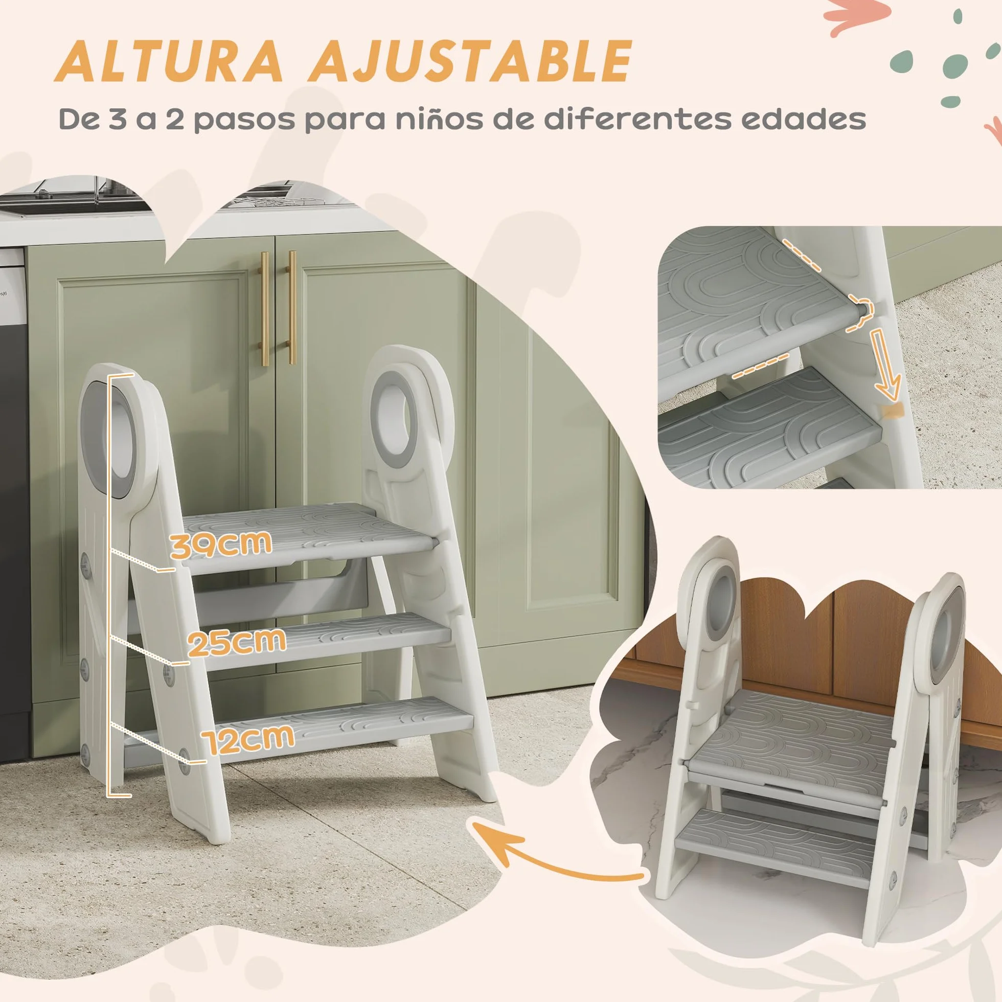 AIYAPLAY Taburete Plegable Torre de Aprendizaje Ajustable para Niños 18-60 Meses Antideslizante Gris y Blanco