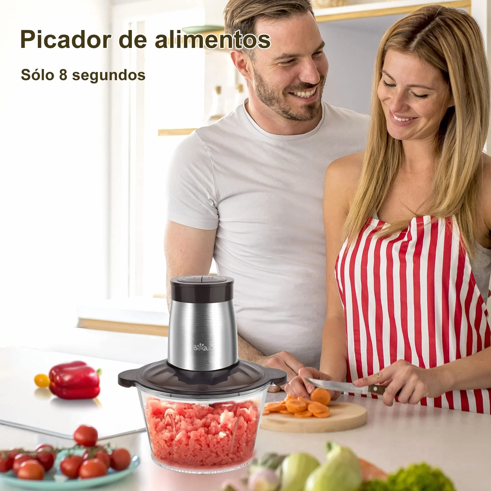 Bear 2L Vidrio Picadora De Alimentos, Función Pulso Con Una Mano,2600r/Min,2 Velocidades, Trituradora Con 4 Cuchillas De Acero Inoxidable, Picadora De Cocina Para Carne, Verduras,Cebolla Y Frutas