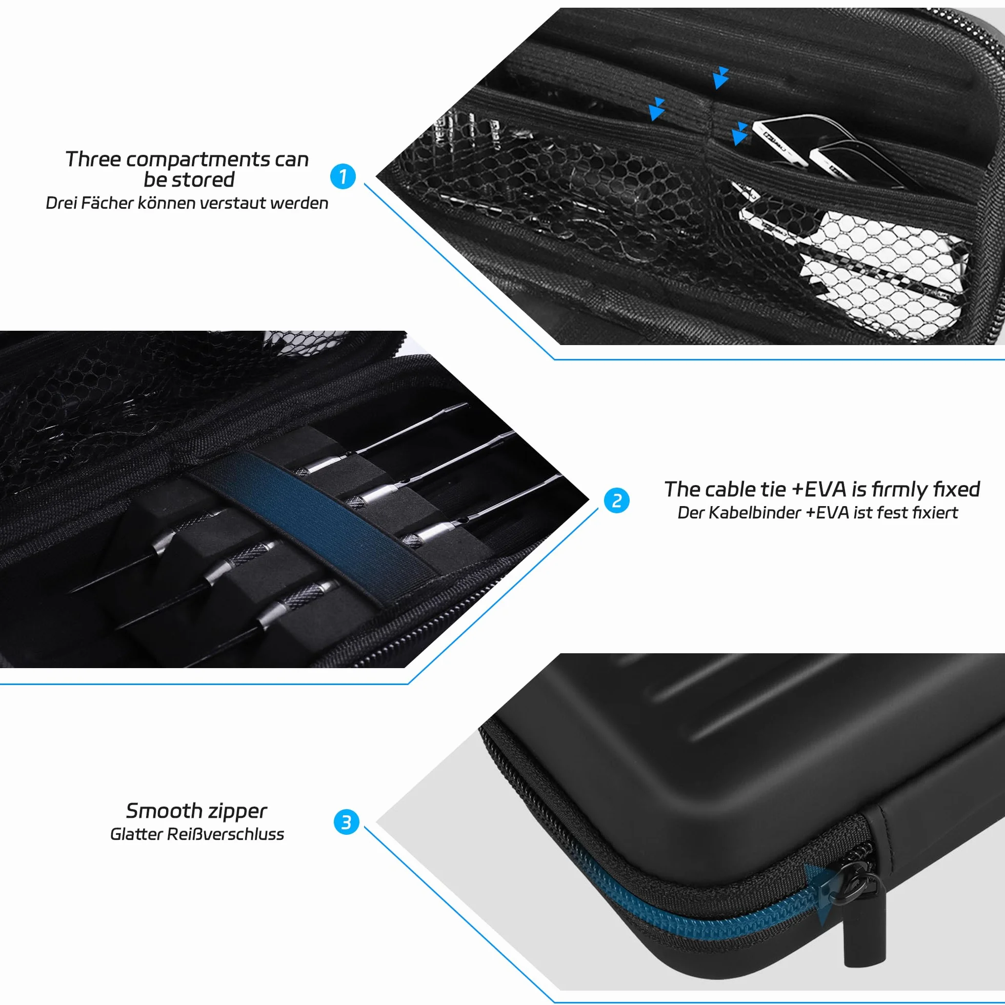 CyeeLife Bolsa para Dardos - Protección para Dardos de Acero o Blandos, Múltiples Bolsillos para Plumas y Accesorios, Negro, Bolsa Deportiva