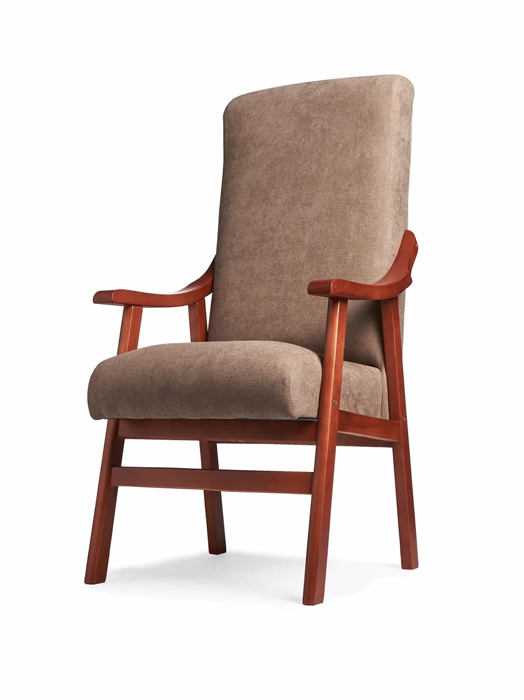 Silla con Brazos. Especial para geriátrico, Personas Mayores con la Espalda Recta. Tapizado en Tela o Polipiel. Color Tostado (Medidas: 115 * 55 * 68 cm.)