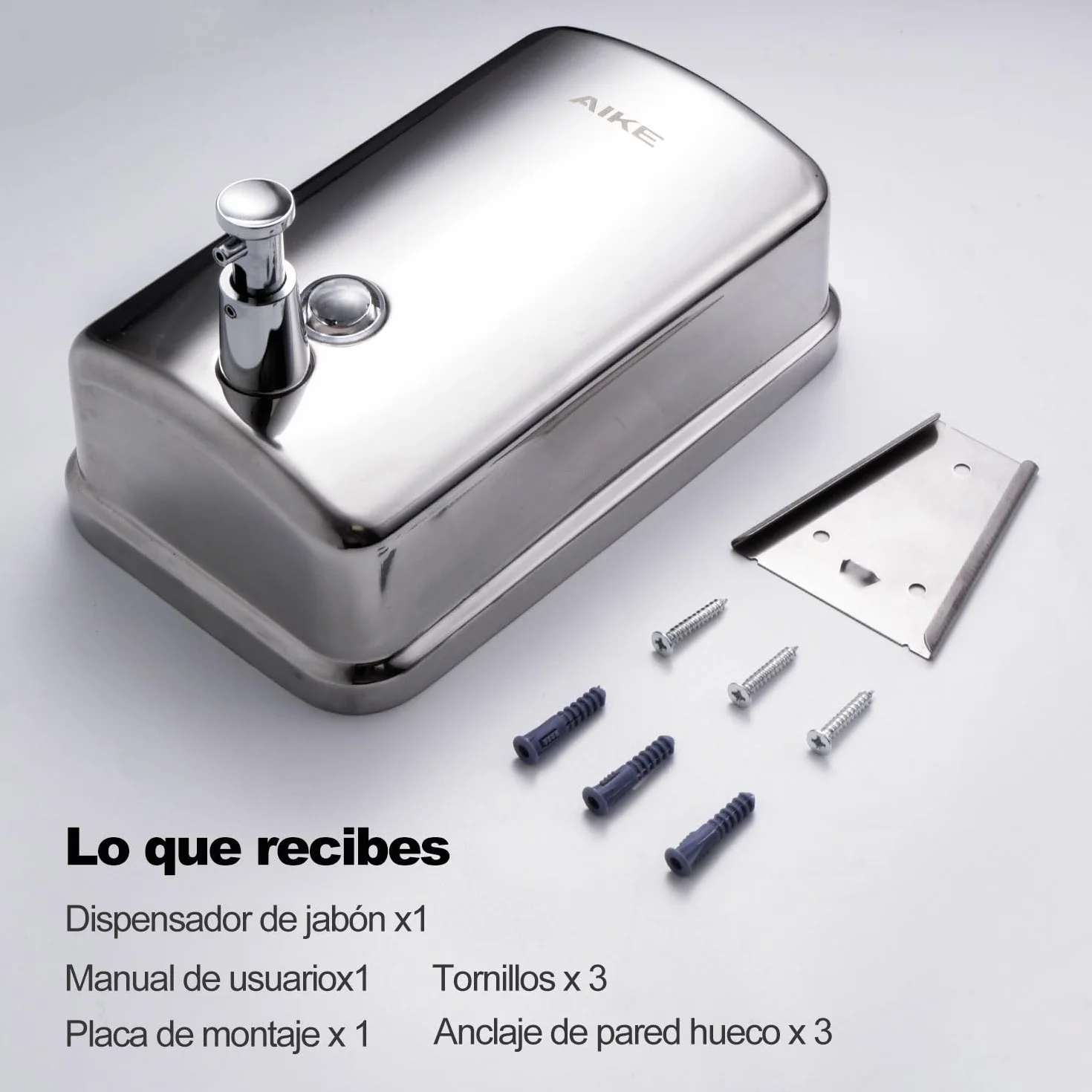 AIKE AK1001 Dispensador de Jabon de Manos, Comercial Dispensador de Jabón Pared de Acero Inoxidable Recargable (Pulido 500ML)
