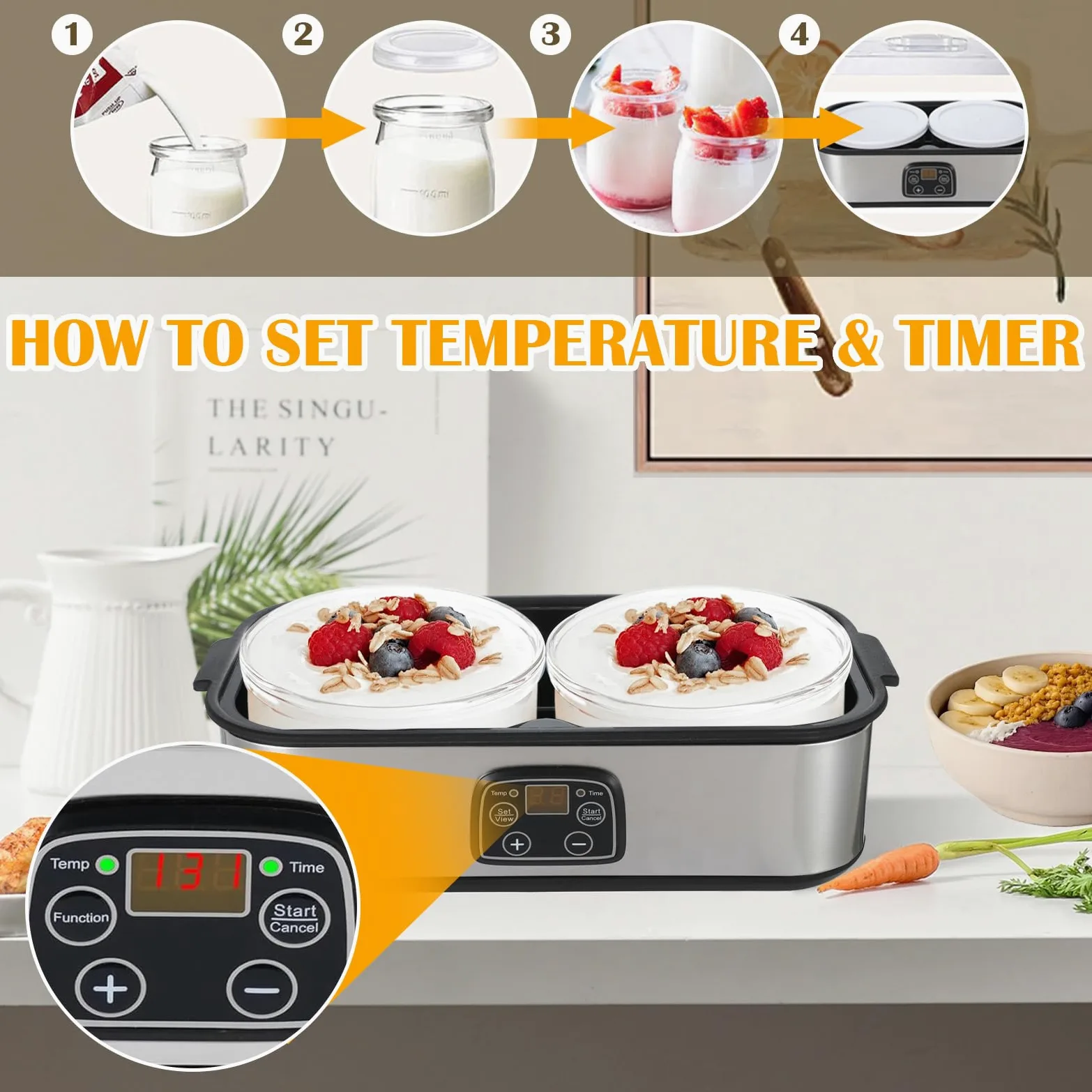Máquina de yogur probiótico de 2 litros, máquina de yogur con 2 tarros de vidrio, control de tiempo y temperatura ajustable, fabricante de yo-gurt para yogur probiótico casero para postre casero