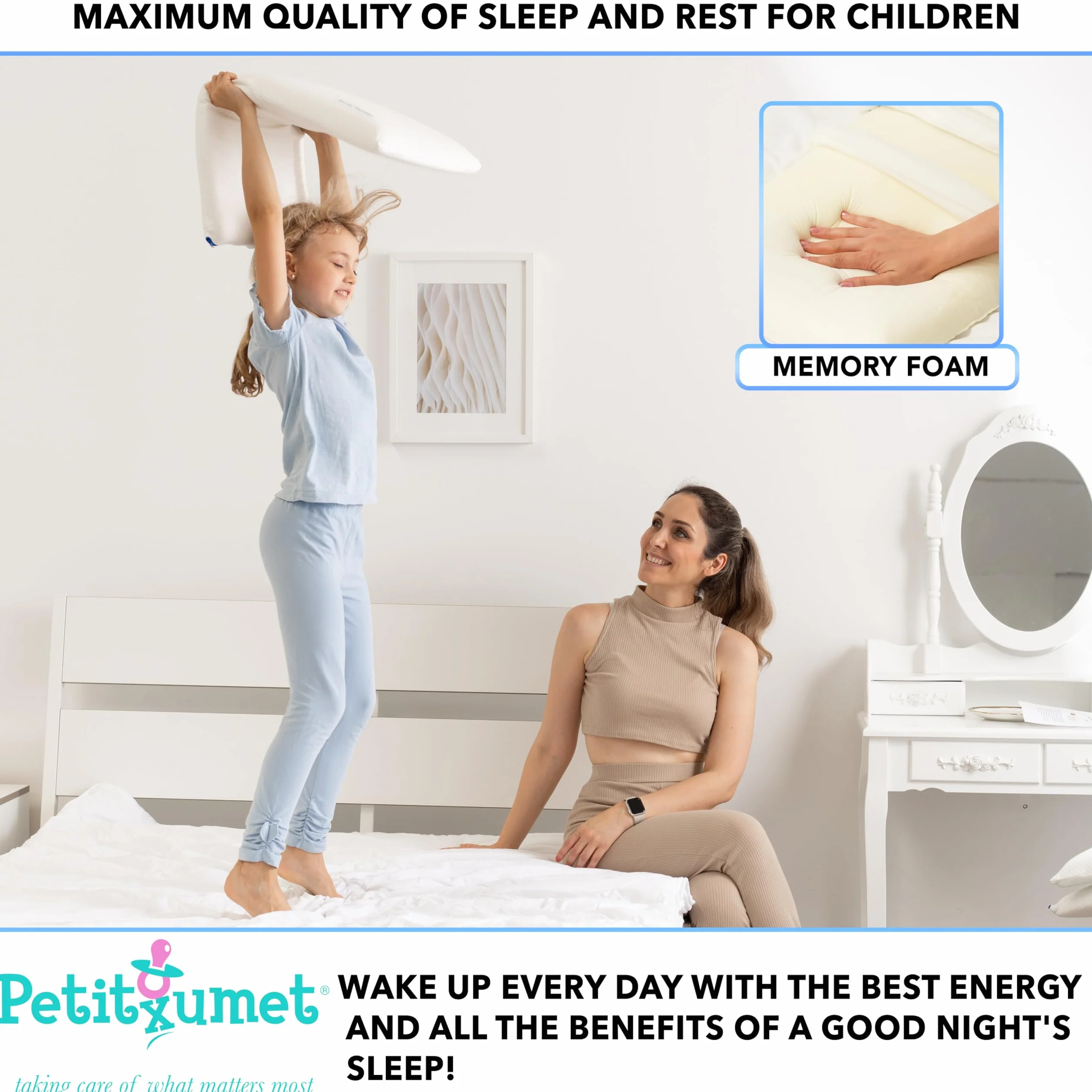 Almohada Infantil Viscoelástica 90 x 35 x 6,5 cm Ergonómica e Hipoalergénica Hecha en España Almohada Plana para Niños a Partir de 3 Años con Funda Stretch con Viscosa