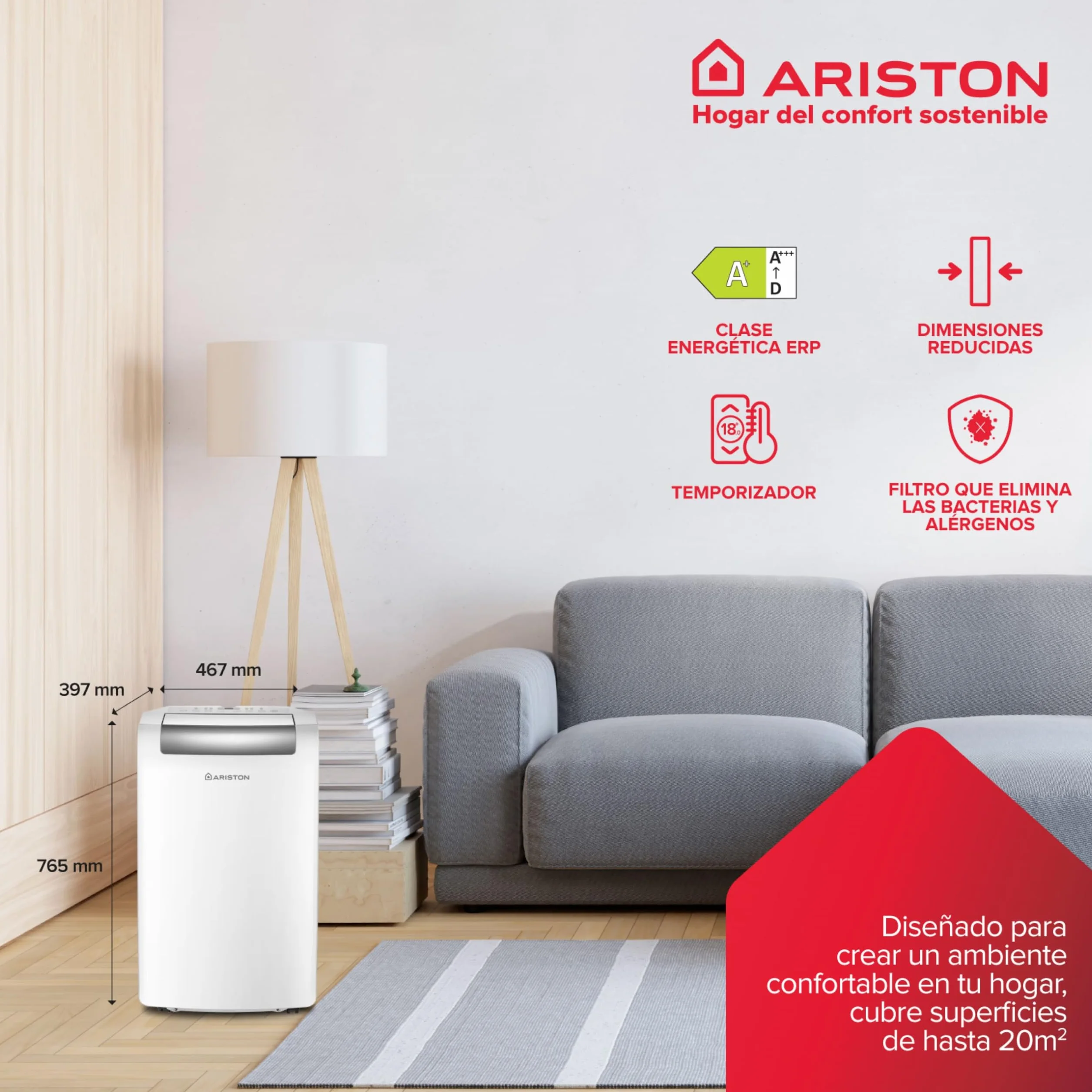 Ariston, Mobis 10- Pinguino Aire Acondicionado Portátil Silencioso con Temporizador y Mando a Distancia, Climatizador 24x69x2.5 Blanco Fabricado para Instalación en España, Eficiencia A+ Rango(A+++/D)