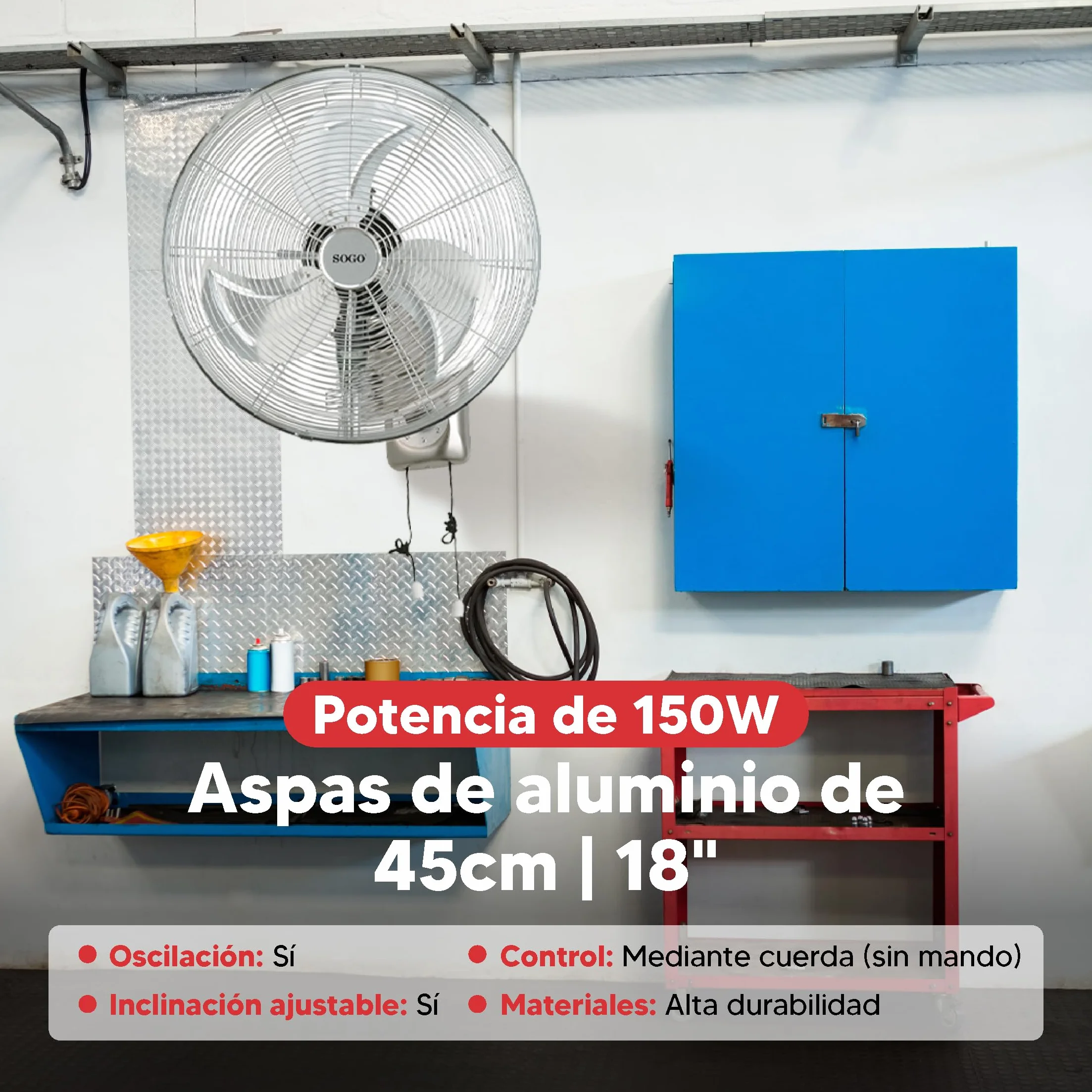 SOGO Ventilador Industrial de Pared 18 Pulgadas Potente 150W para Espacios Grandes - Ventilador Oscilante con Aspas de Metal e Inclinación Ajustable - Ventilador de Pared Silencioso con 3 Velocidades