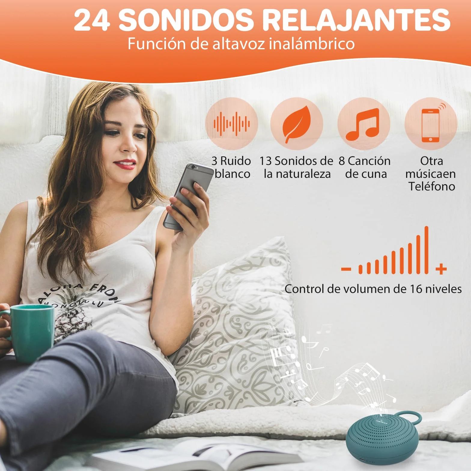FUNYKICH Máquina de Ruido Blanco Portátil 24 Sonidos para Bebé con Memoria y Grabación Luz Nocturna Brillo Ajustable Batería Recargable