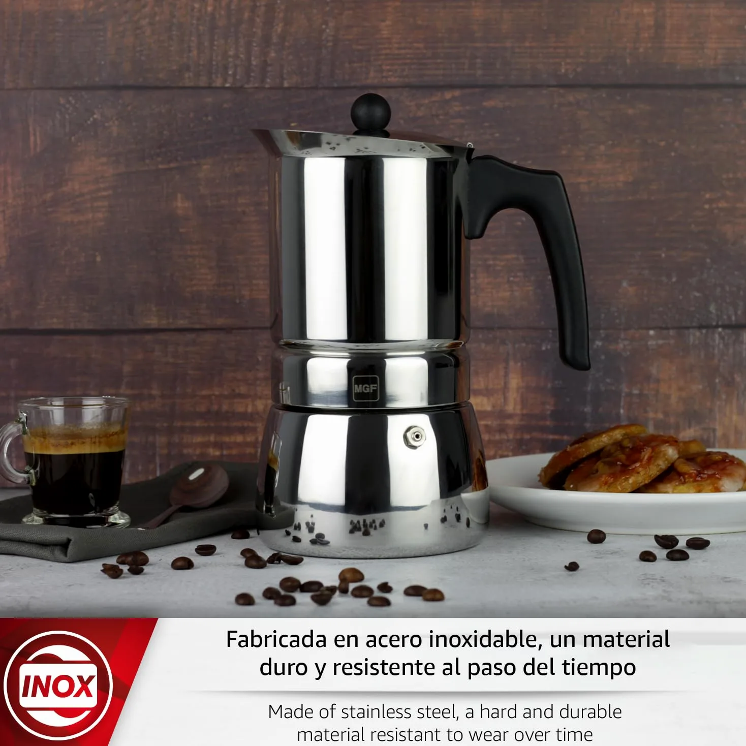 MAGEFESA Genova - Cafetera Italiana de 10 Tazas, 500ml, Acero Inoxidable 18/10, Mango Ergonómico, Ahorro de Energía, Todo Tipo de Cocinas, Inducción