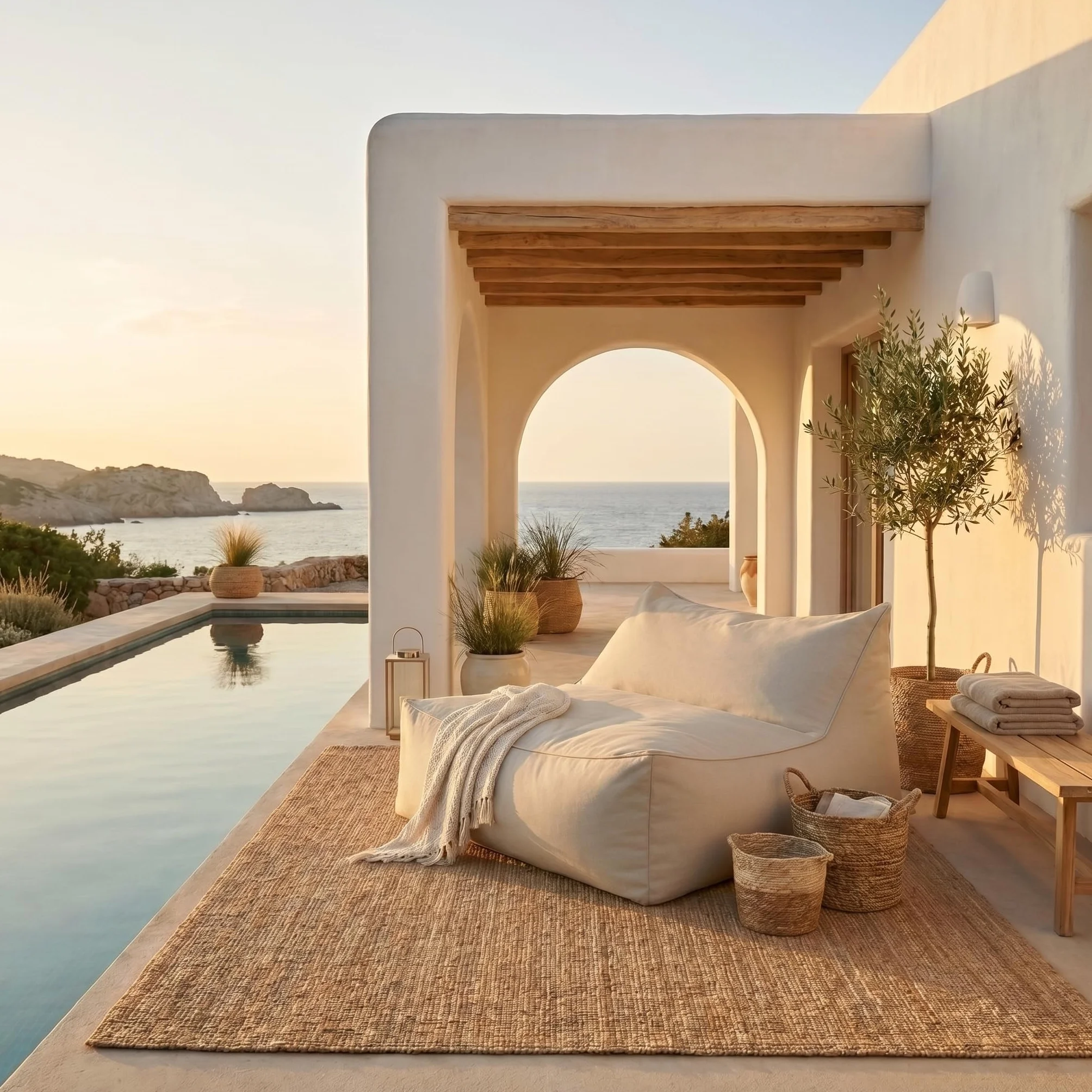 Aiire Puff Exterior Jardín Moderno - Sillón Puf con Relleno Incluido para Piscina, Terraza o Salón - Tejido Premium Resistente al Agua y Rayos UV - Bean Bag Chair de Lujo XXL Beige