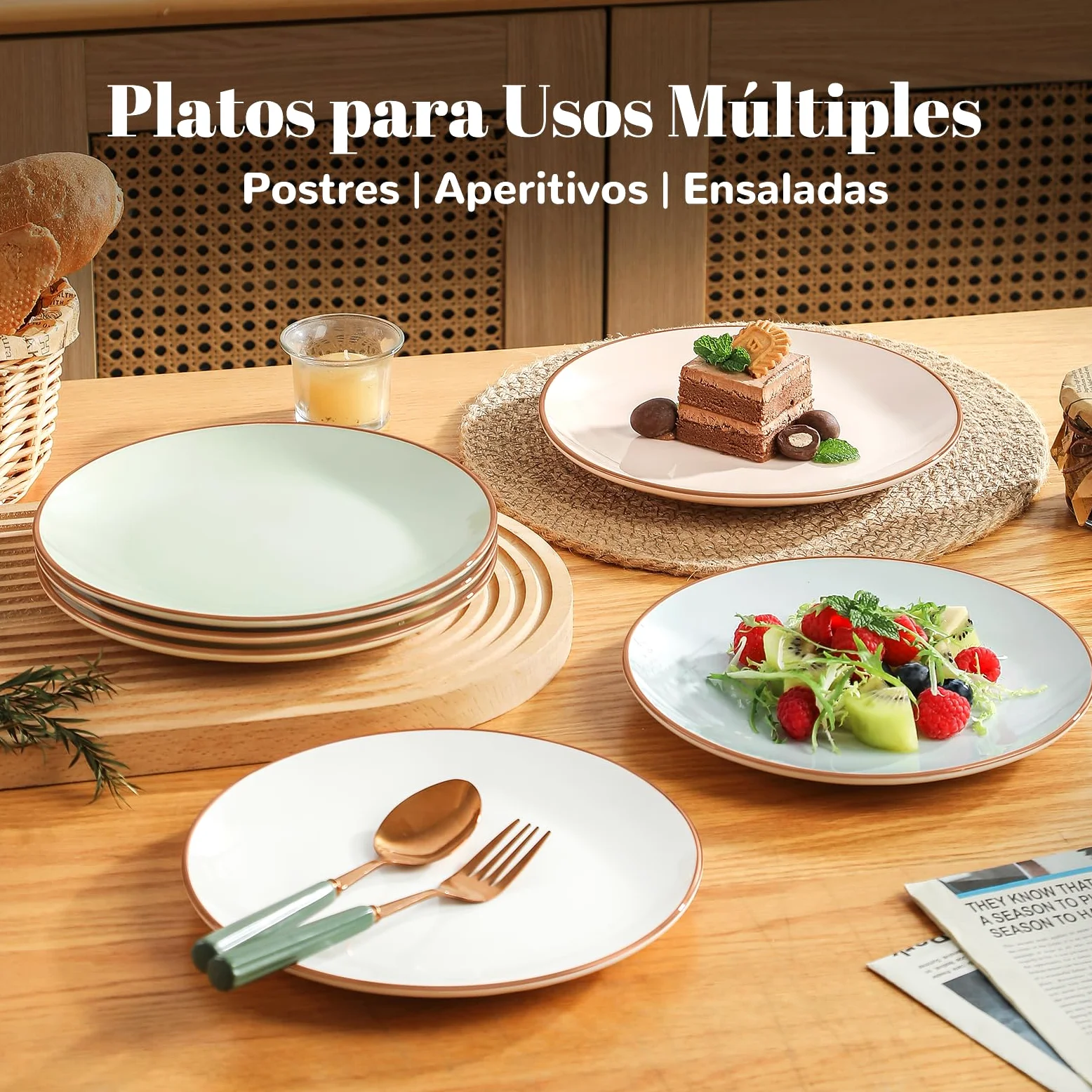 AHX Platos Postre Colores Plato Ceramica - Juego de 6 Platos para Ensalada en Estilo Multicolor - Set Platos de Desayuno - Platos Llanos Pequeños para Servir Aperitivos | Postres | Ensaladas - 20 cm