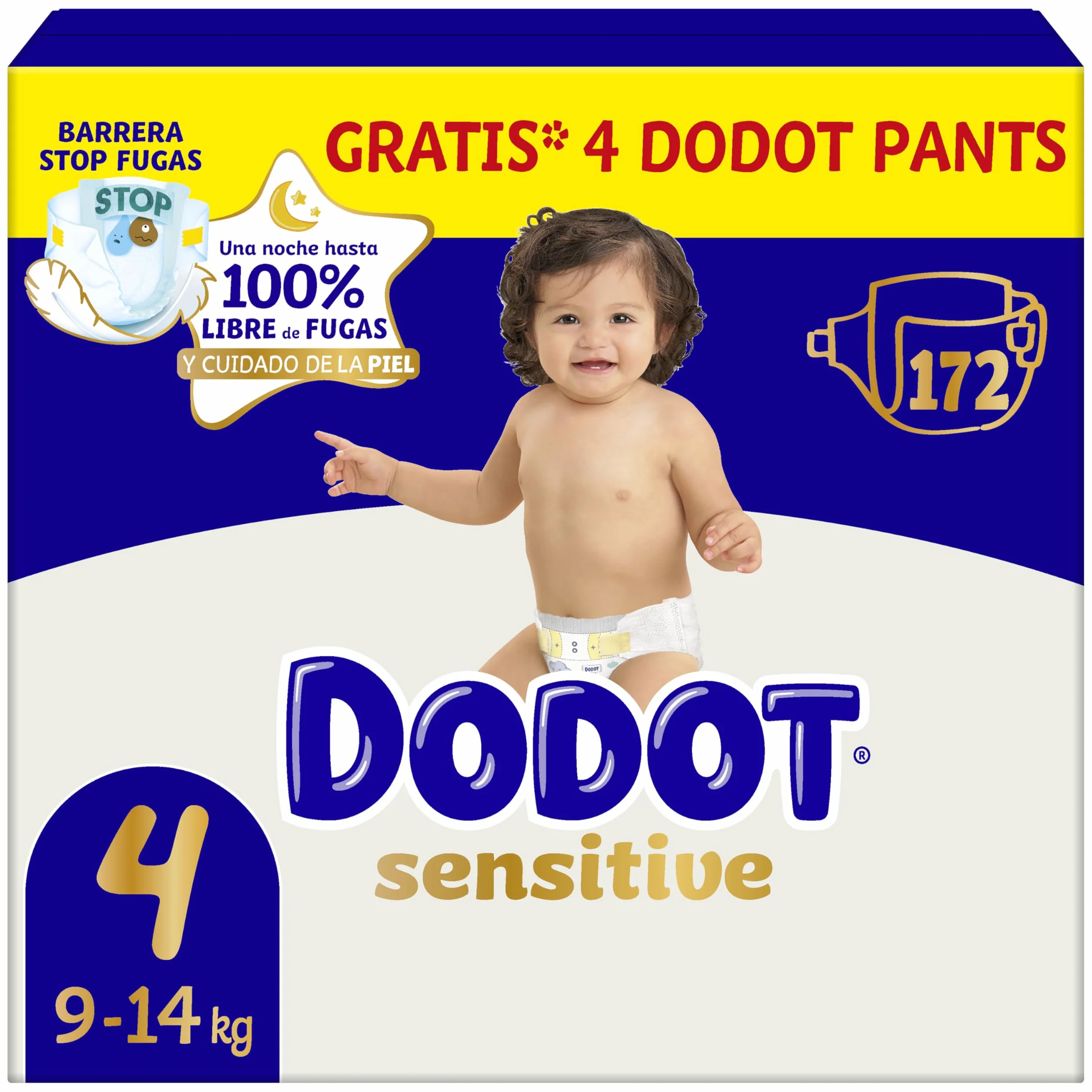 Dodot Pañales Bebé Sensitive Talla 4 (9-14 kg) 172 Pañales + 4 Pants Pack Mensual Protección Antifugas