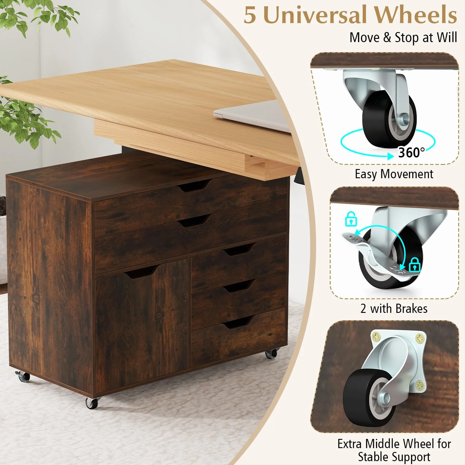 KOMFOTTEU Archivador Móvil con 5 Ruedas, Soporte para Impresora con 5 Cajones en 2 Tamaños y Armario con Puerta, Mueble de Almacenaje para Oficina, Cajonera Escritorio, 77,5 x 40 x 64 cm (Marrón)