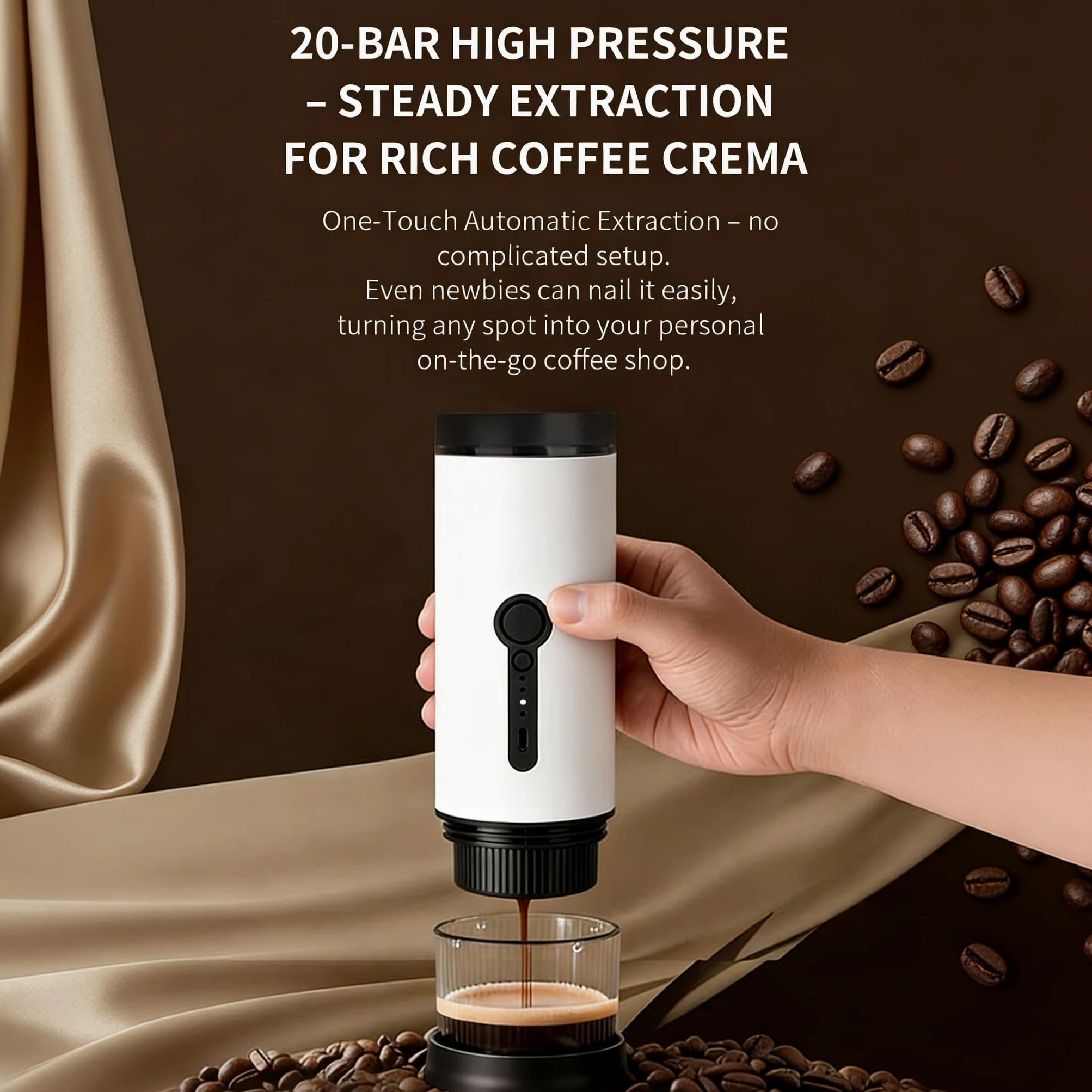 SANMAS Cafetera espresso portátil, cafetera de autocalentamiento recargable por USB-C, para viajes y camping, compatible con café molido y cápsulas, cafetera eléctrica compacta para coche, caravana