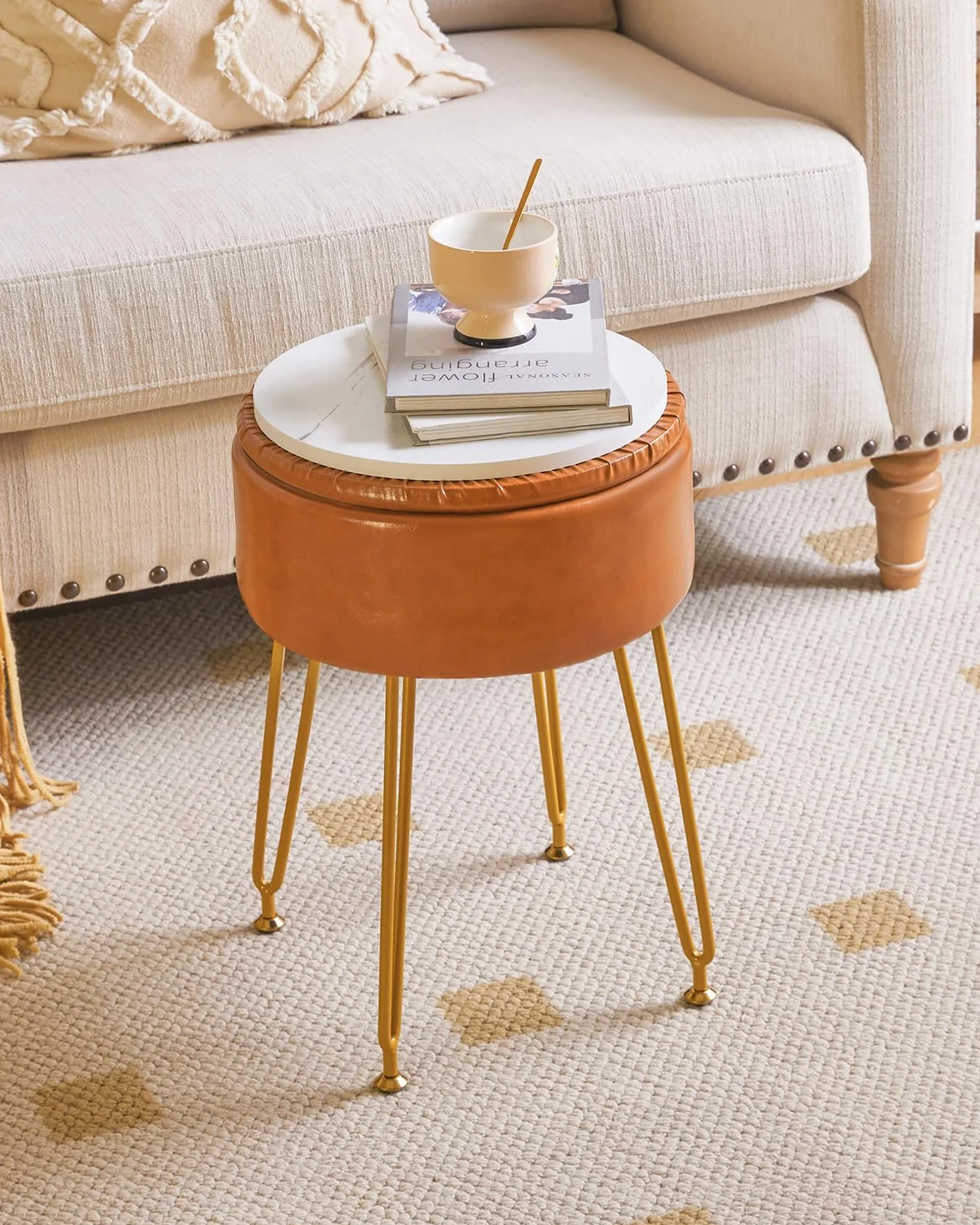 Taberno Redondo de Reposapiés Cuero Falso Almacenamiento Otomano Mesa Lateral Silla Vanidad Maquillaje Asiento Mesa Vestir PU Marrón Claro