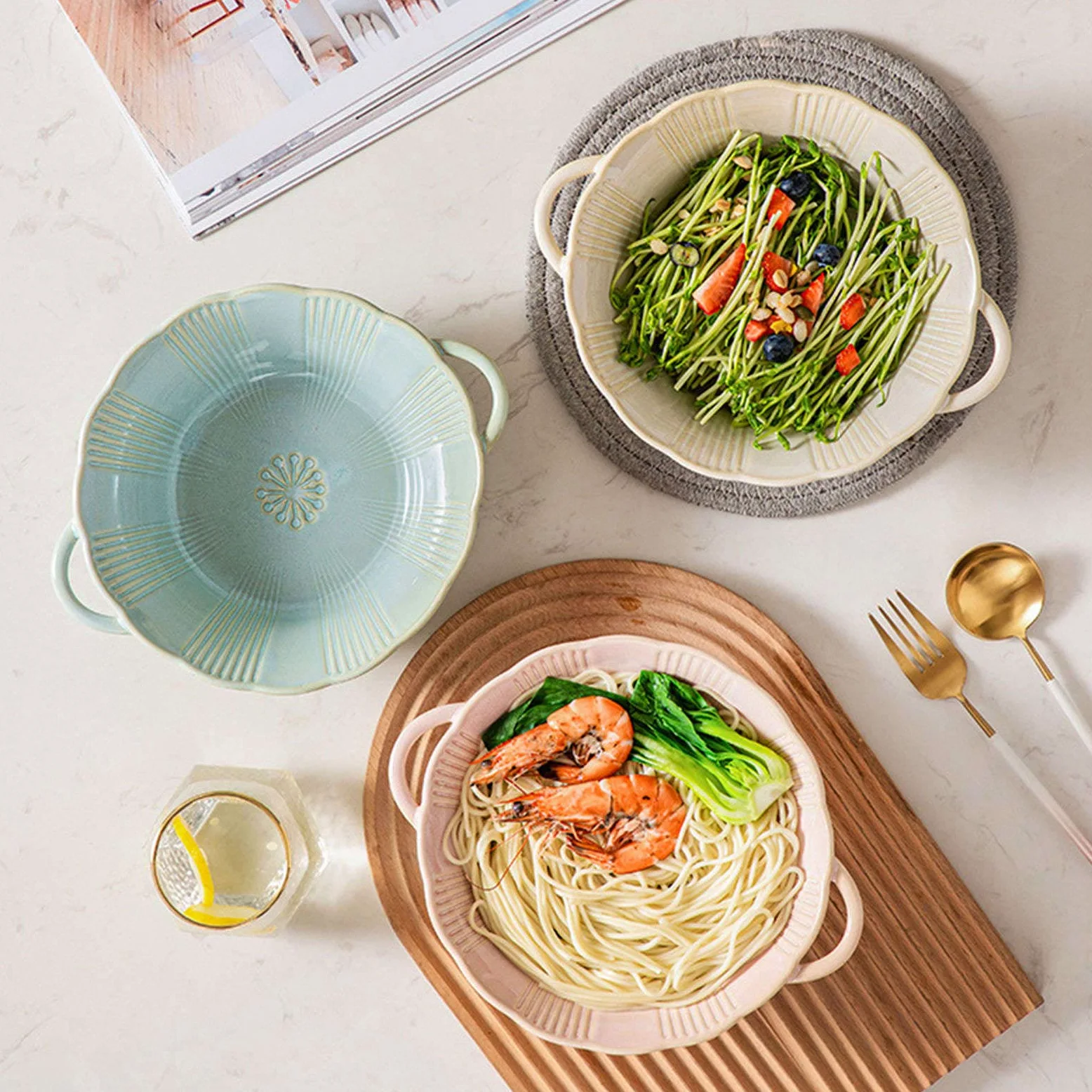 Cuenco para ensalada, cuencos para sopa, cuenco de cerámica con asa, cuenco de ramen de cerámica, cuencos Pho grandes, cuenco para sopa apto para microondas, cuenco para fideos Udon-azul-24x20x7cm,