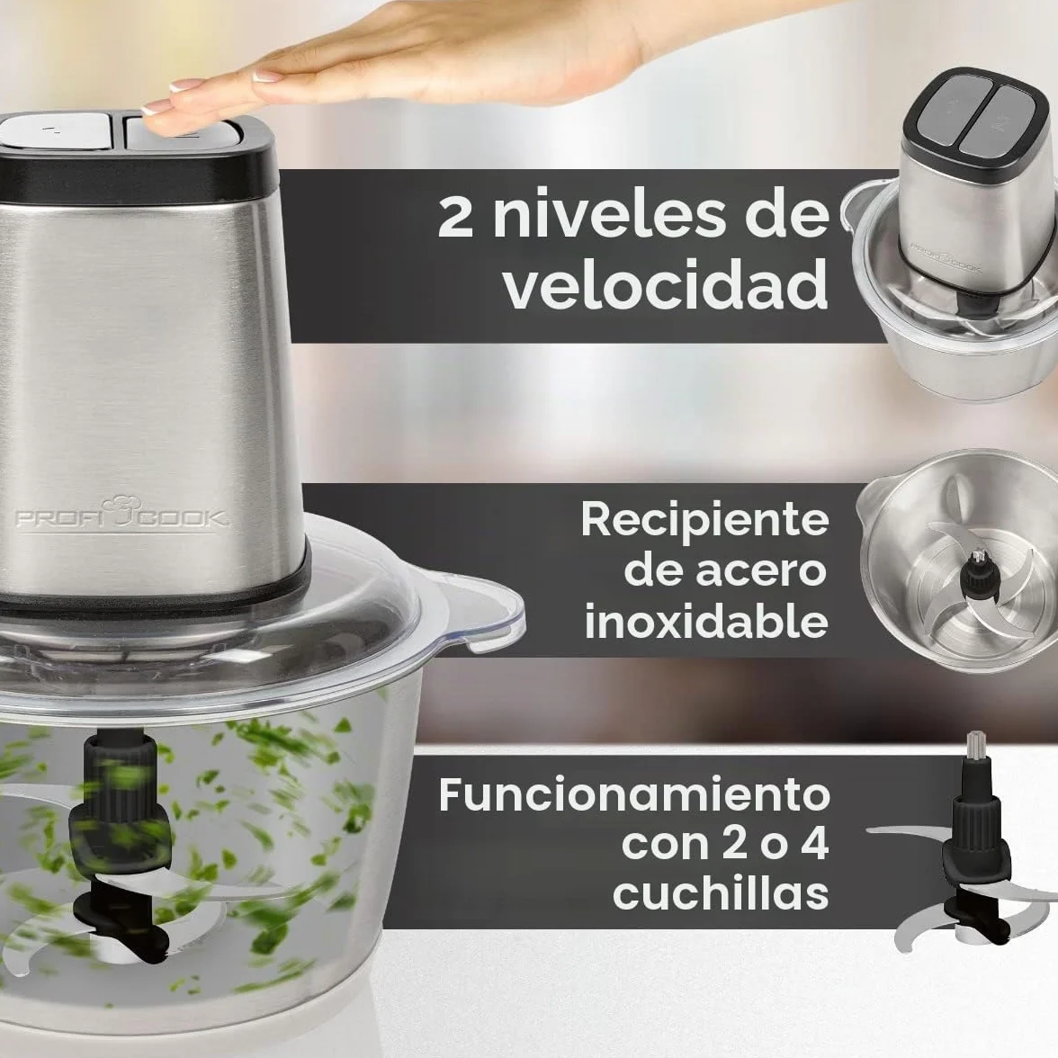 ProfiCook PC-MZ 1227 - Picadora eléctrica con función de trituración de hielo, cortador de verduras, recipiente de acero inoxidable de 1,7 l, cuchillo combinado para 2 o 4 cuchillas