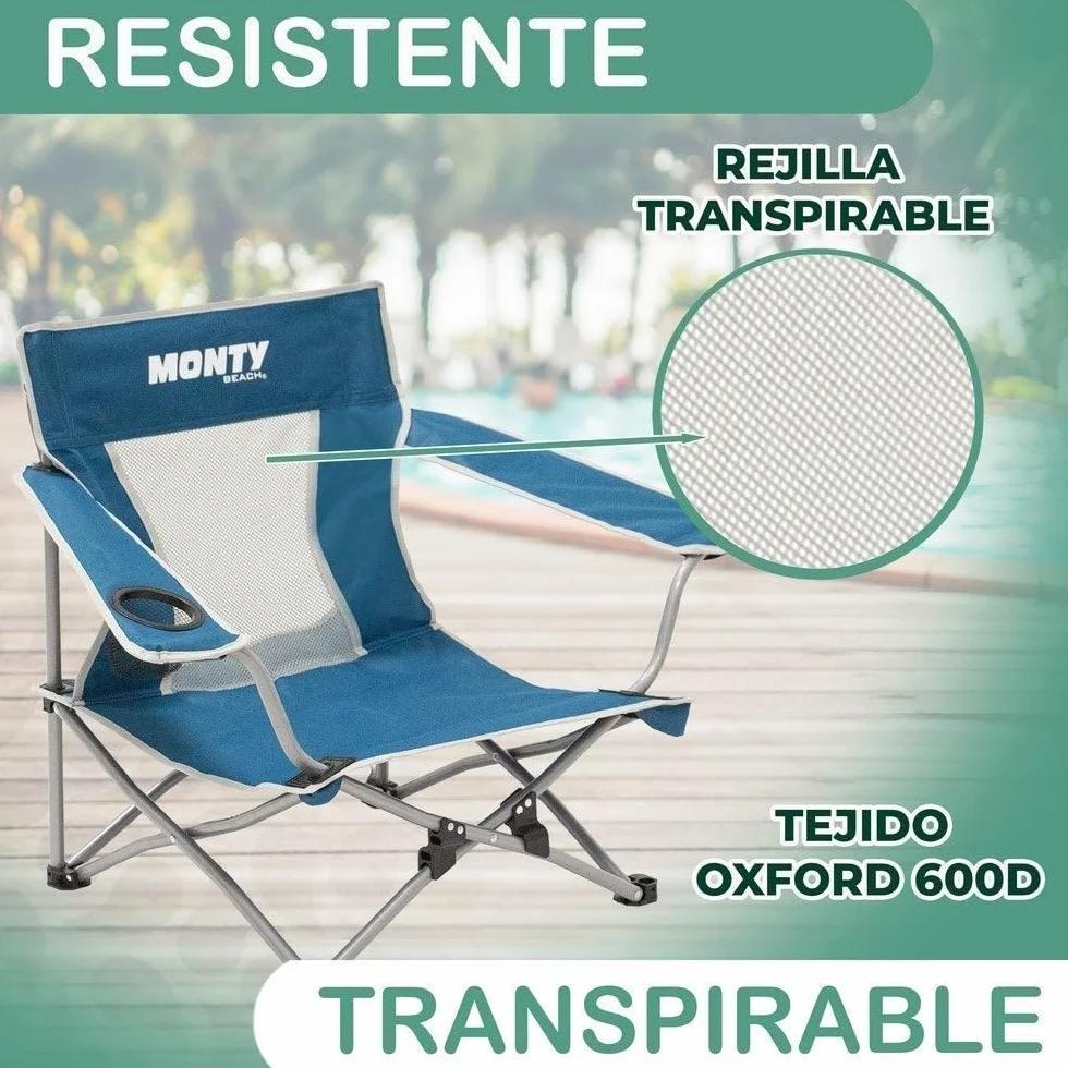 Silla playa y camping plegable cierre tijera acero pintura Epoxi anticorrosión tejido Oxford 600 D azul respaldo malla transpirable portavasos bolsa transporte reposabrazos