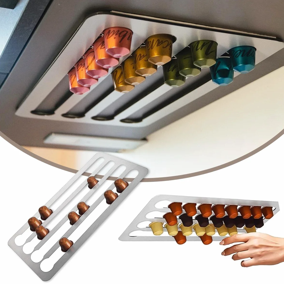 Porta Dispensador Guarda Capsulas para Nespresso,40,5x22cm Inoxidable Soporte Capsulas para Nespresso Vertuo,3M Cinta Adhesiva Soporte para Cápsulas de Café, para Almacenamiento de 40 Cápsulas Café
