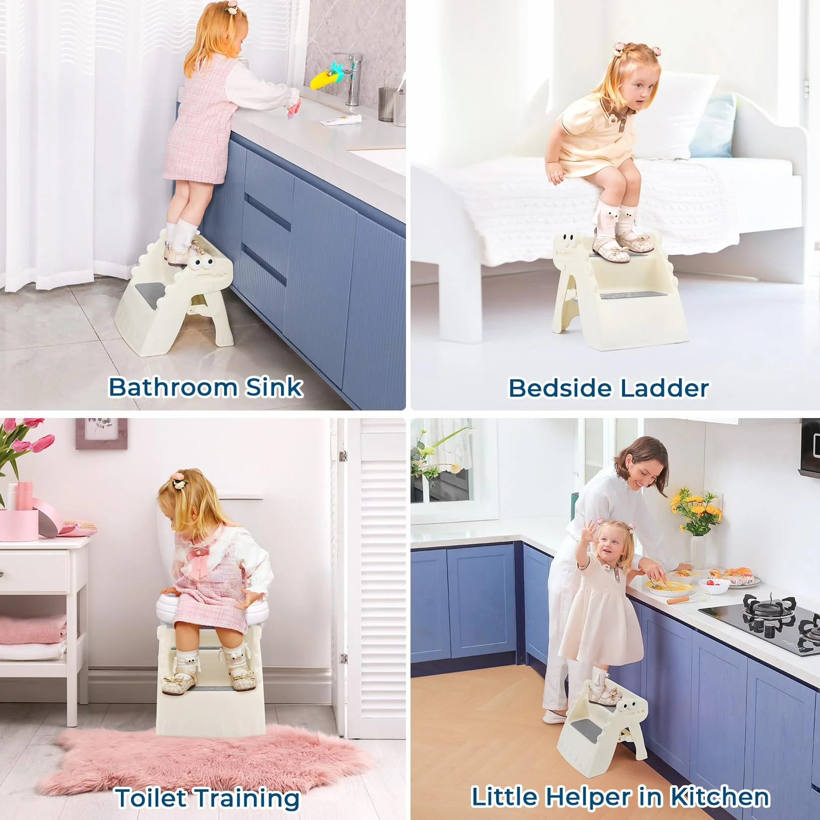 Onasti Taburete Plegable para Niños con Escalón Antideslizante 2 Pasos, Diseño Dinosaurio Blanco
