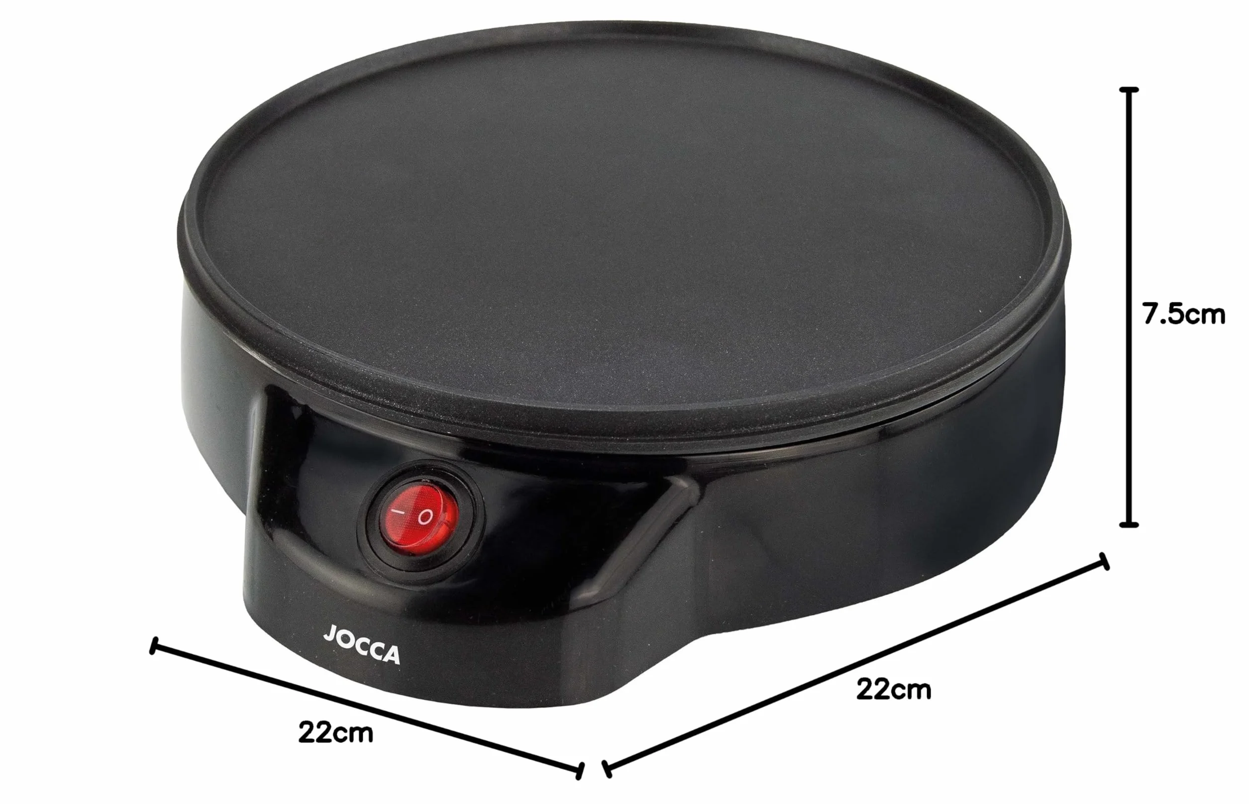 JOCCA - Máquina Crepera Eléctrica con Placa de 22 cm de Diámetro| Potencia 700W| Revestimiento Antiadherente| Incluye Esparcidor de Madera| Boton on-off| Indicador Luminoso| Ideal para fiestas| Negro