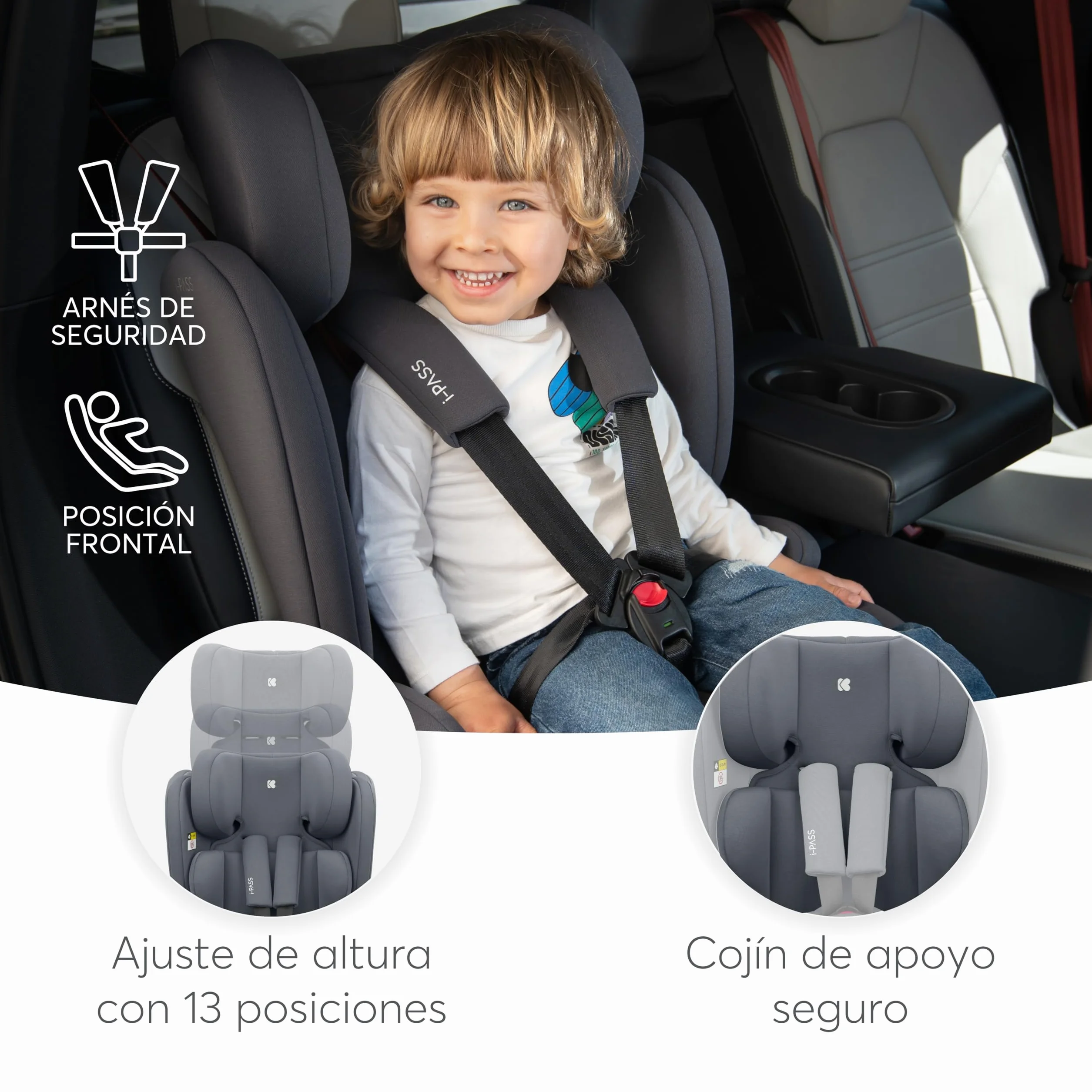 KikkaBoo Silla de Coche Grupo 1 2 3 i-PASS 9-36 kg 76-150cm Reposacabezas 13 Posiciones Gris