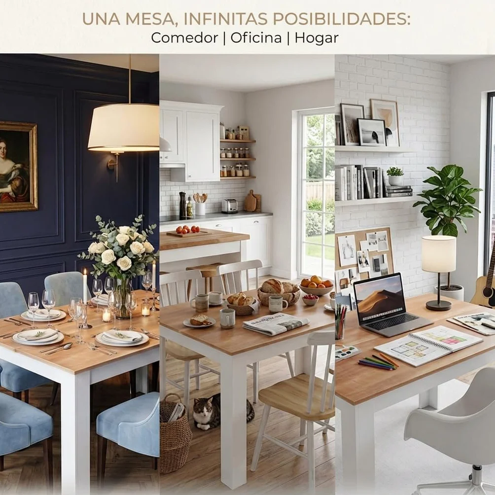 edihome, Mesa Comedor, 138 (Largo) x 90 (Ancho) x 75 (Alto), Modelo Denver, para salón, Cocina, Acabado Blanco y Cambria (Blanco/Madera)