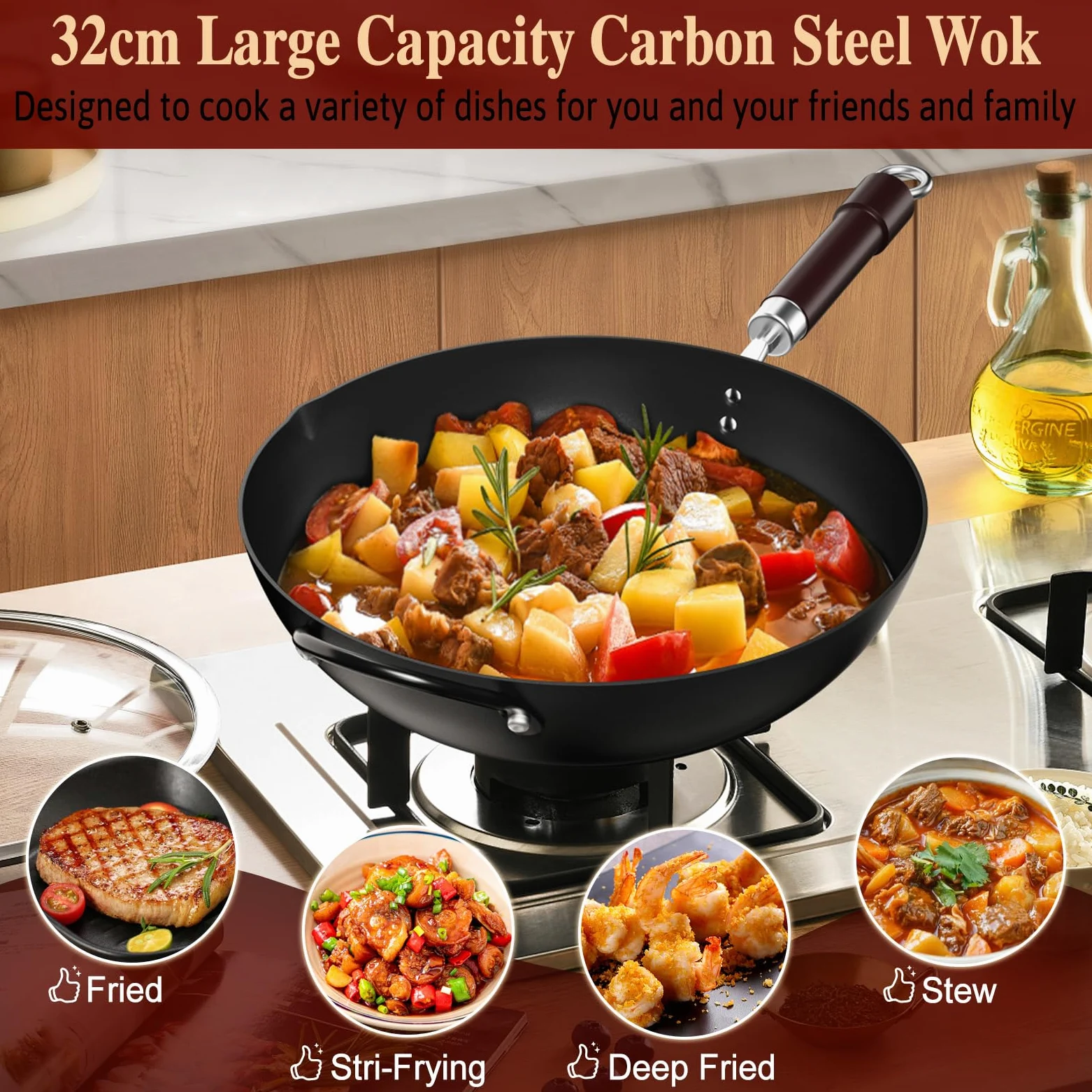 Jobin 32 cm Wok de Acero al Carbono con Tapa, Asas de Madera y Acero, Puede Cocinar Platos Asiáticos Para 3-5 Personas - Fondo Plano