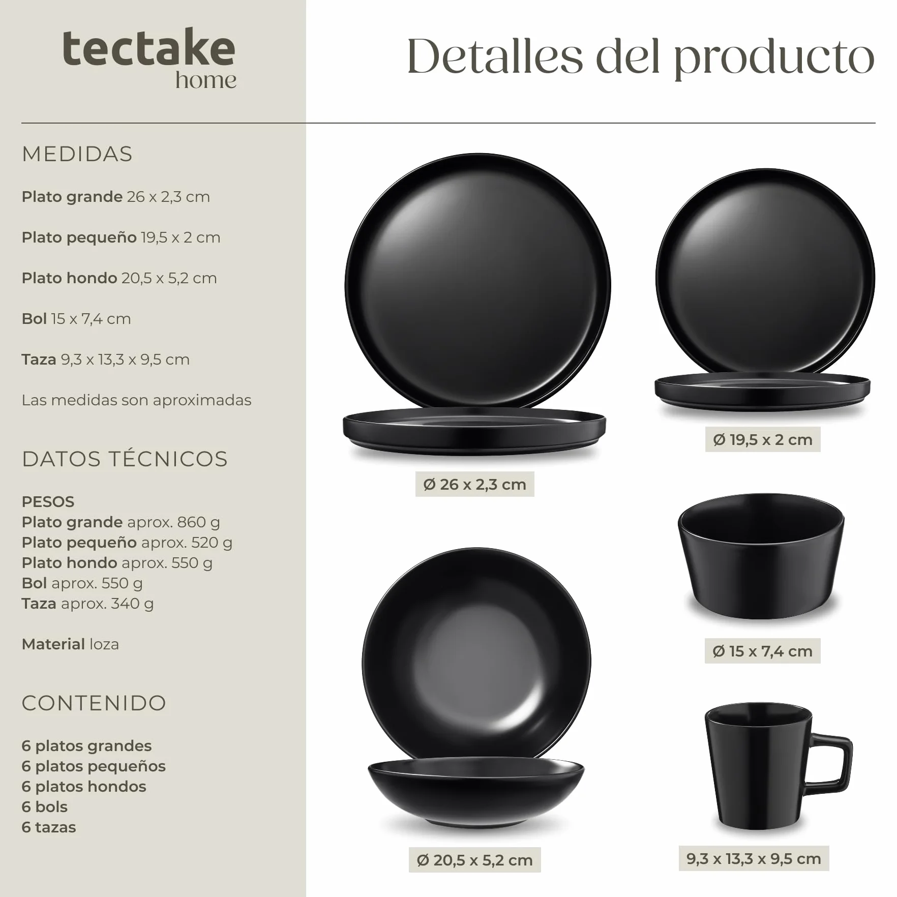 tectake® Servicio Combinado para 6 Personas, Juego Vajilla Estilo Urbano, Gres Esmalte, Lavavajillas y Microondas, Vajillas Completas Modernas, Cuencos Ceramica y Tazas - 30 Piezas Negro