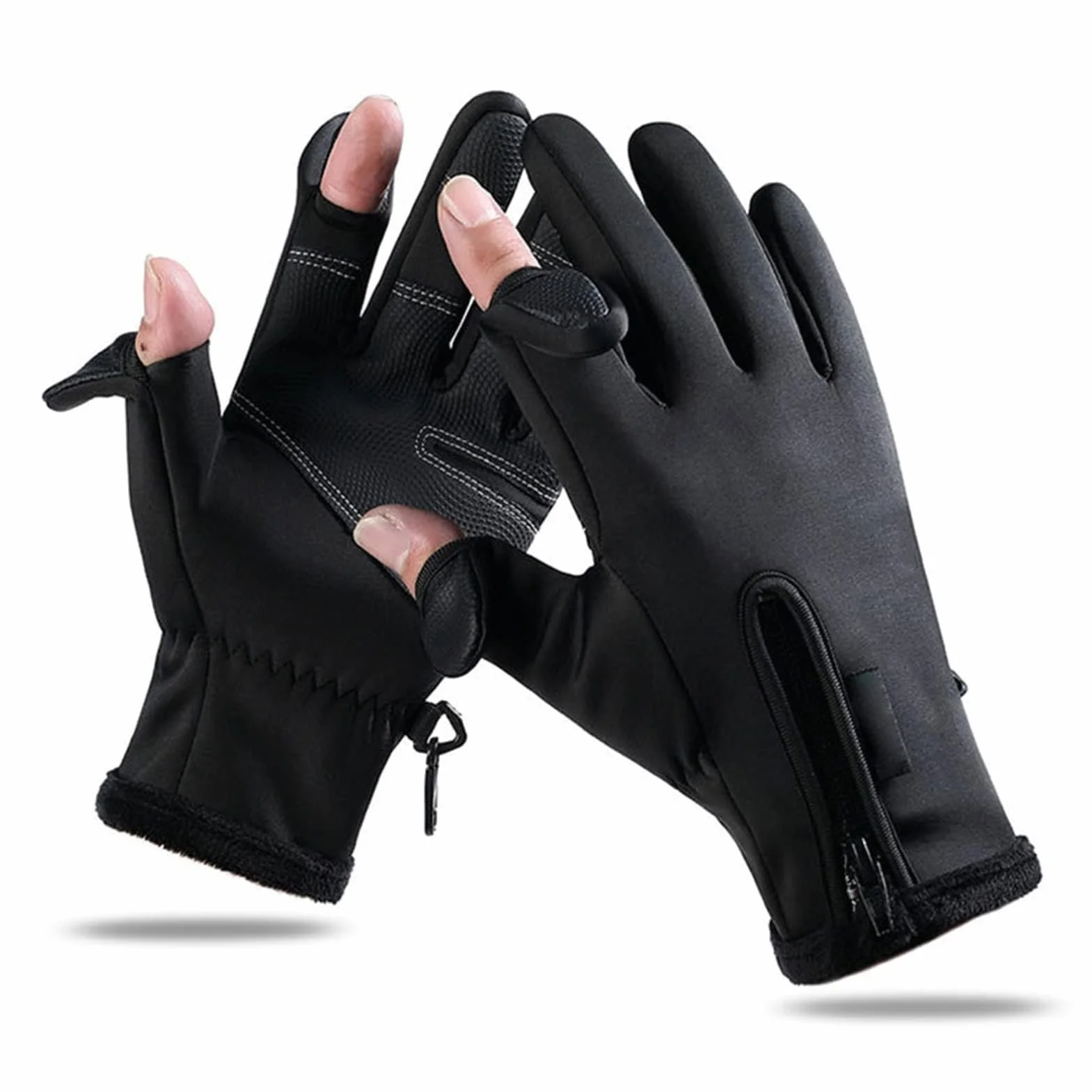 HERCHR Guantes de Pesca Impermeables Térmicos con Pantalla Táctil 2 Dedos Cortados para Ciclismo Invierno Kayak Negro